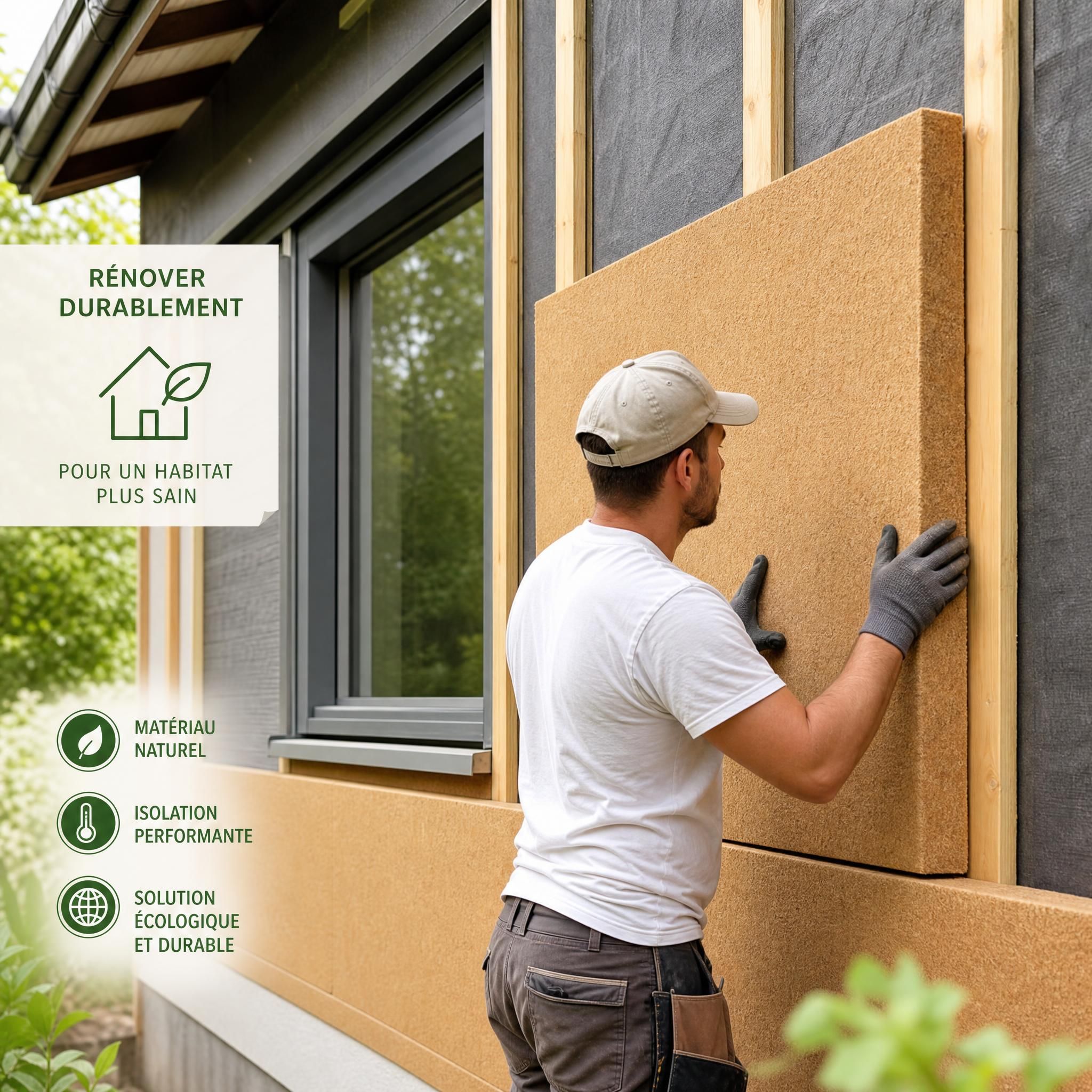 Pose de panneaux de fibre de bois sur un mur extérieur lors d'une rénovation écologique