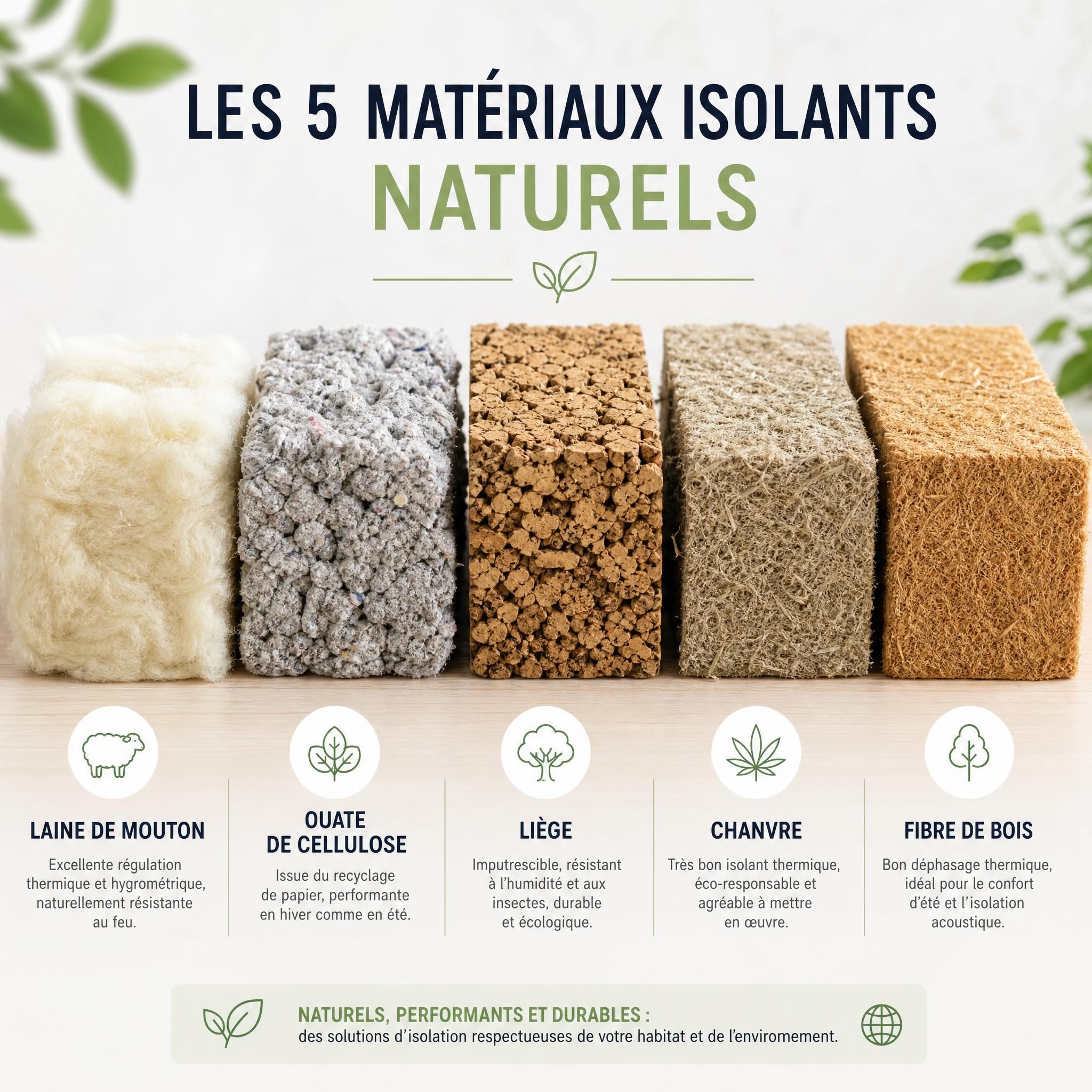 Présentation des 5 matériaux isolants naturels côte à côte : laine de mouton, ouate de cellulose, liège, chanvre et fibre de bois