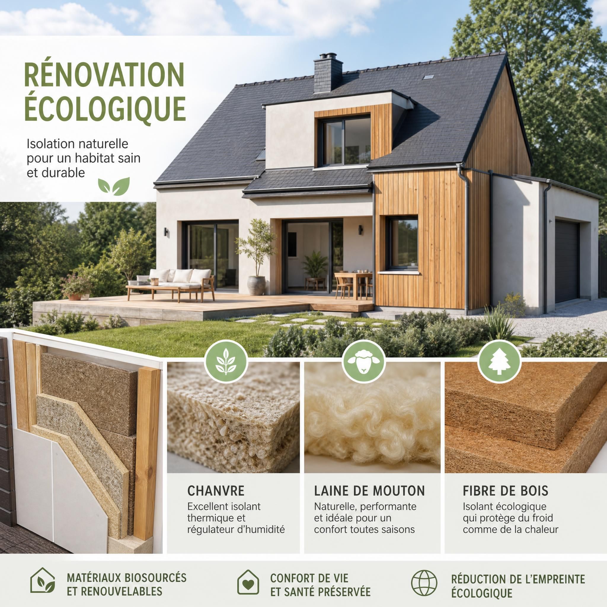 Vue d'une maison rénovée avec isolation écologique biosourcée, matériaux naturels chanvre laine de mouton fibre de bois