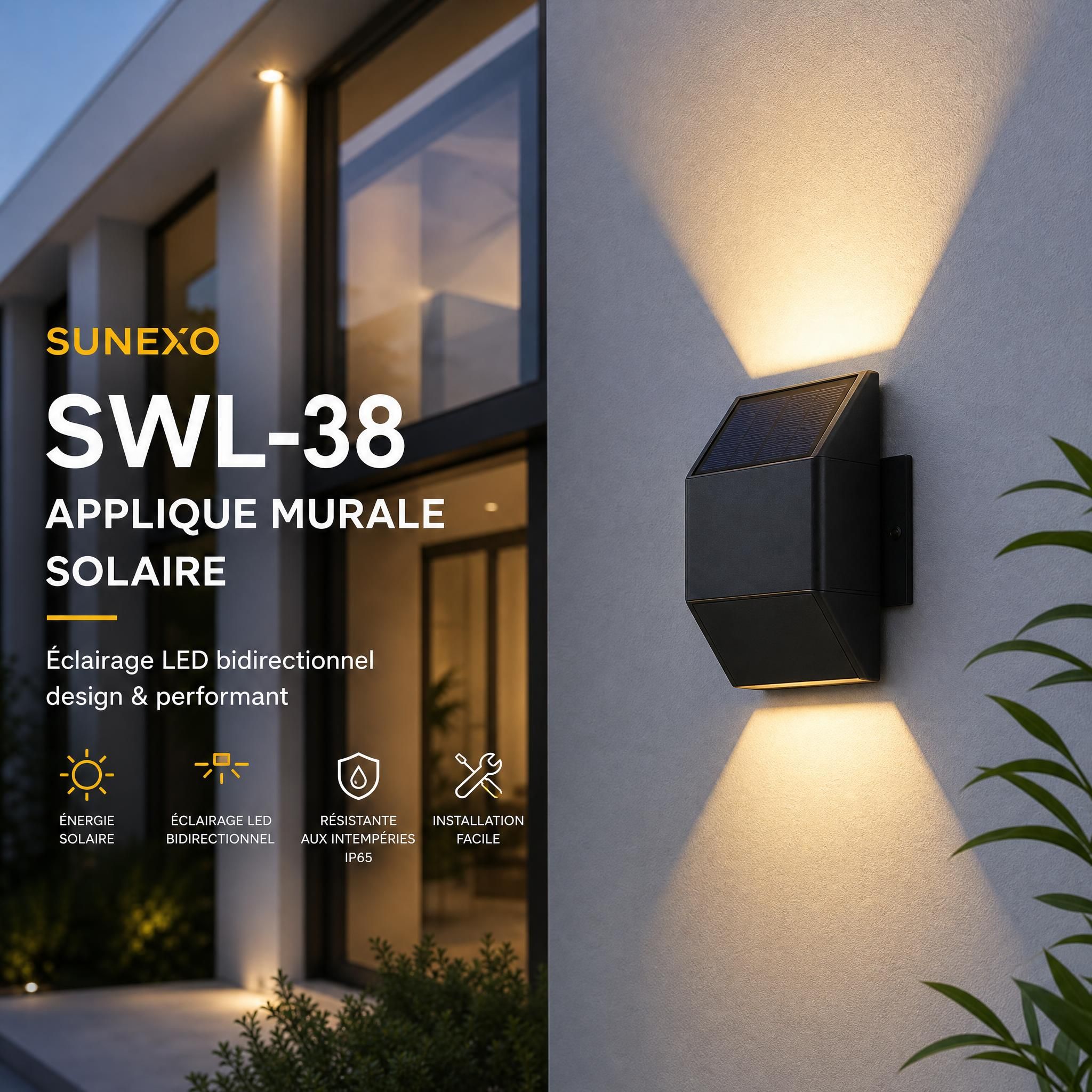 Applique murale solaire SWL-38 Sunexo installée sur façade extérieure de maison – éclairage LED bidirectionnel design
