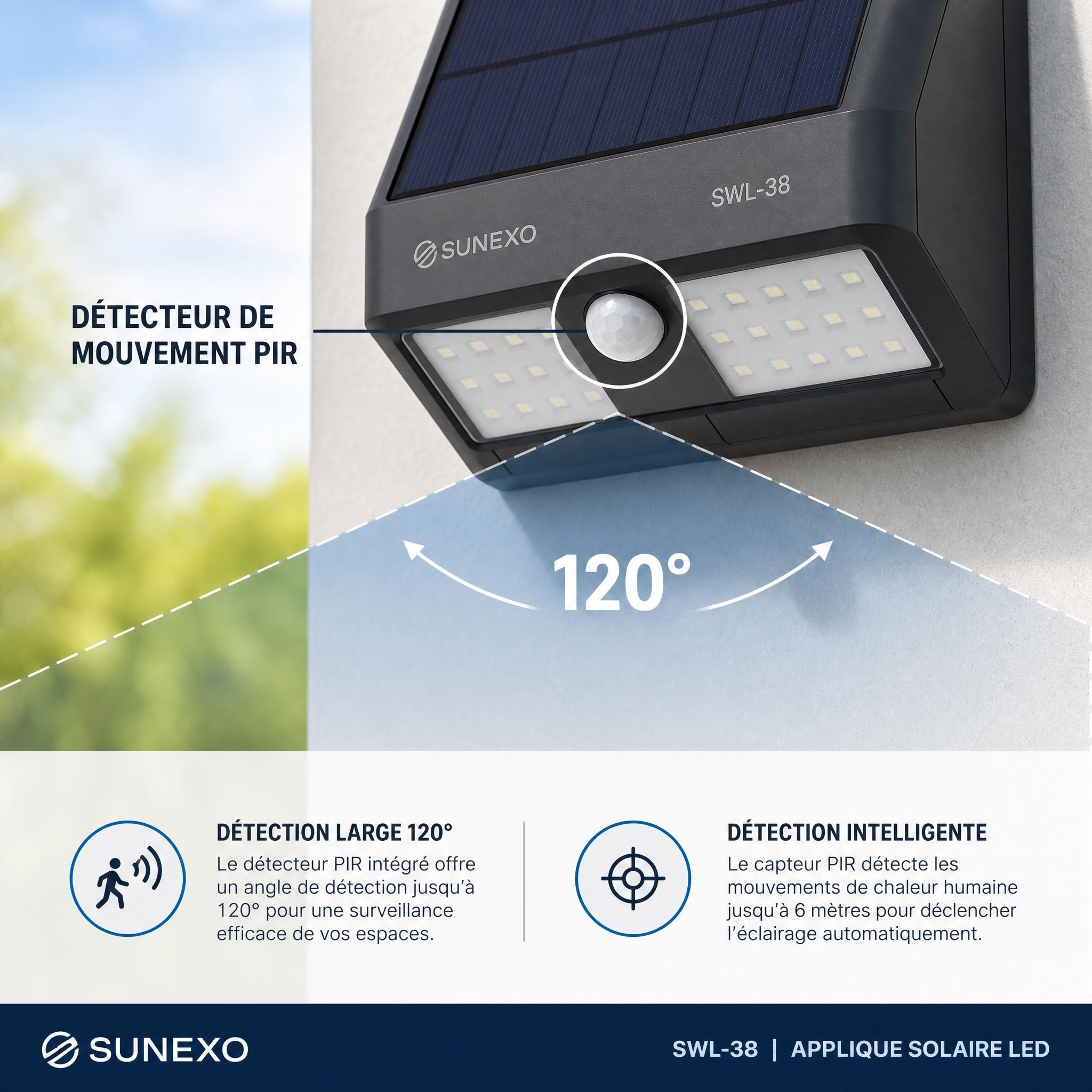 Détail du détecteur de mouvement PIR de l'applique solaire SWL-38 Sunexo avec angle de détection 120°