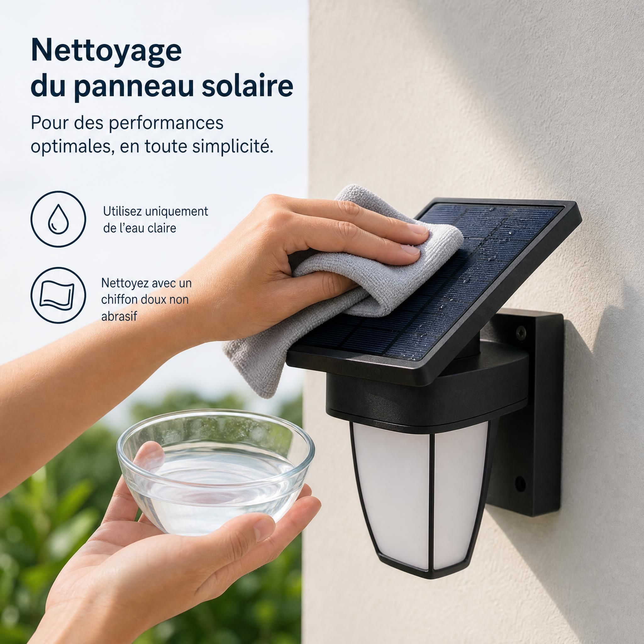 Nettoyage du panneau solaire d'une applique murale extérieure avec chiffon doux et eau claire
