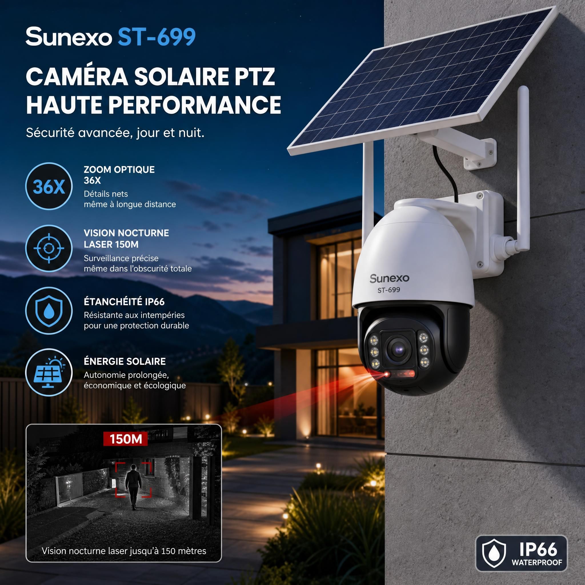 Caméra solaire PTZ Sunexo ST-699 installée en hauteur sur façade extérieure, zoom 36X et vision nocturne laser 150m, IP66