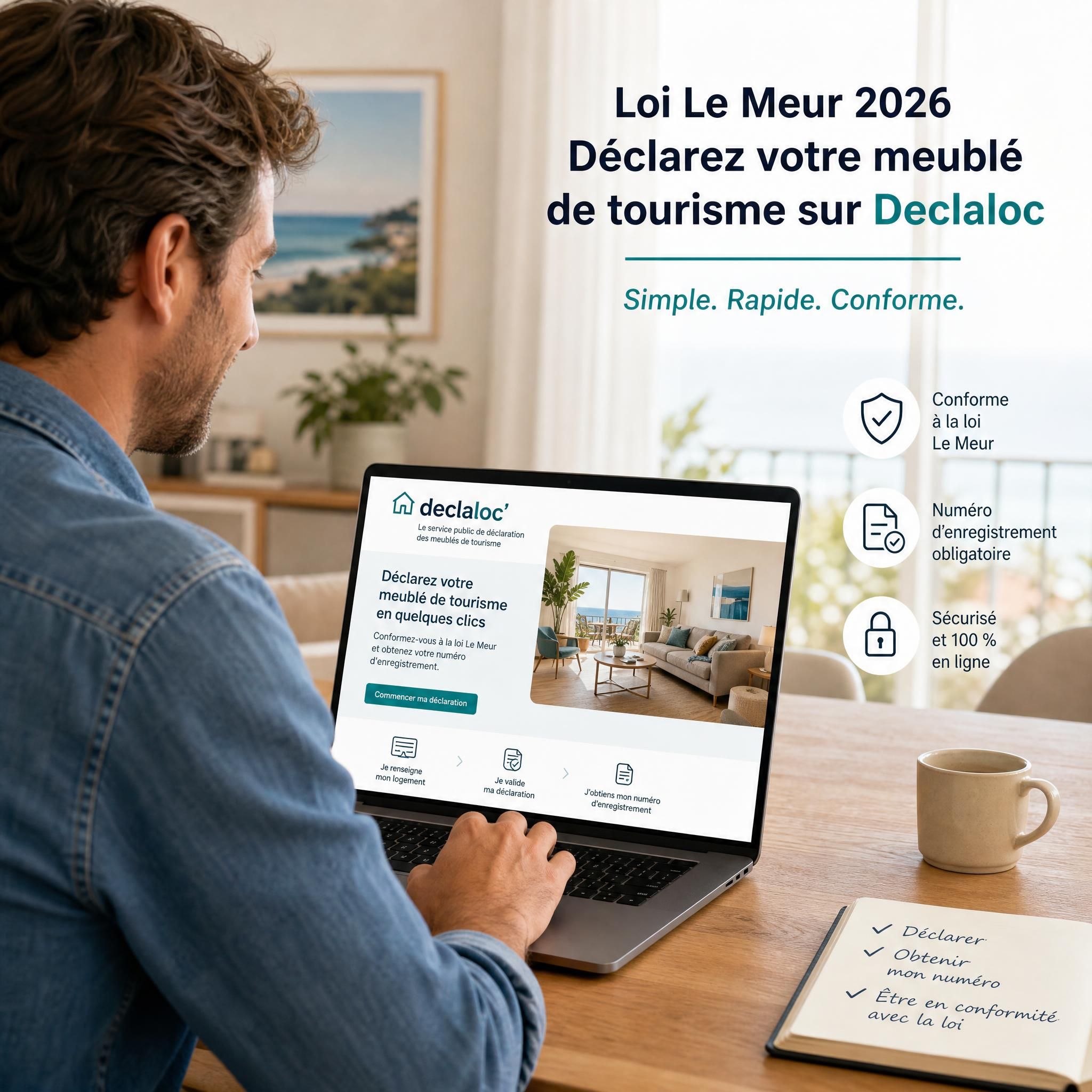 Propriétaire de meublé de tourisme consultant son ordinateur pour enregistrer son logement sur la plateforme Declaloc - loi Le Meur 2026