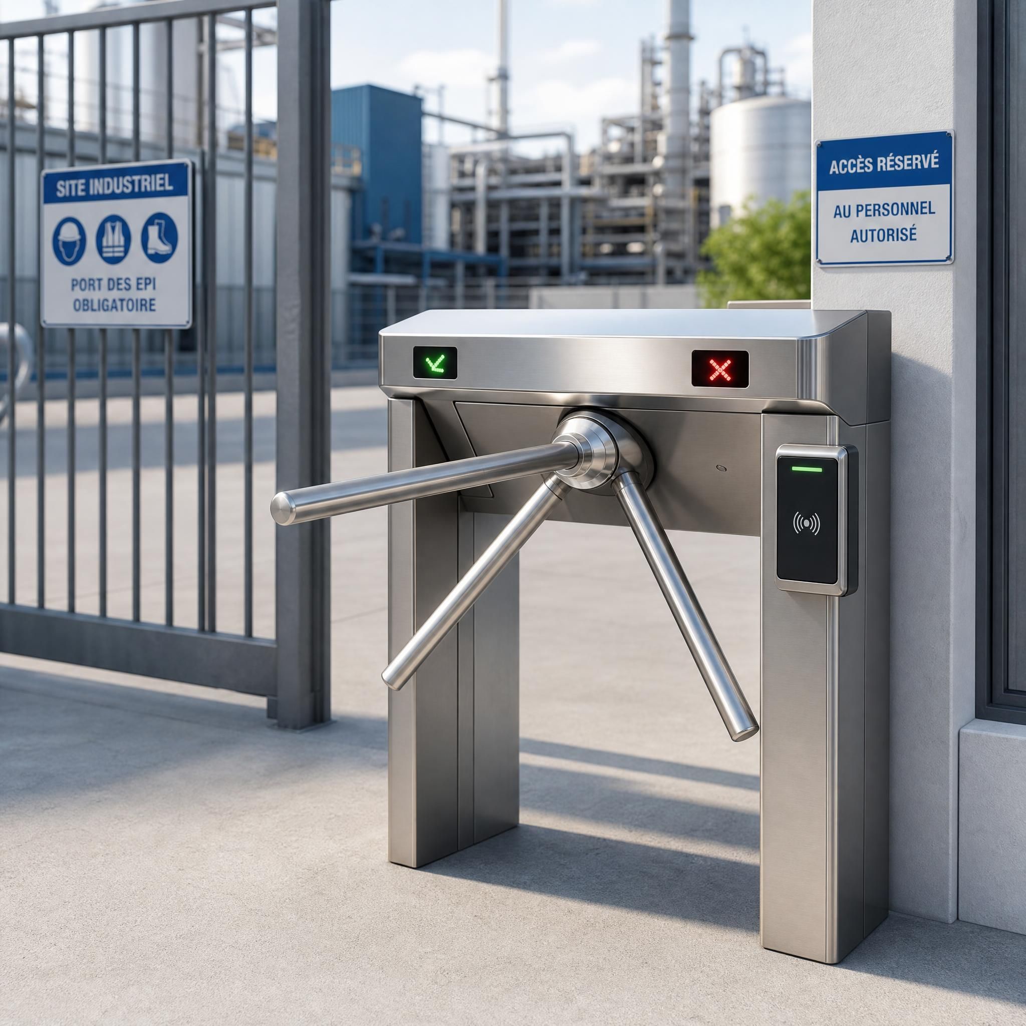 Tourniquet tripode en inox installé à l'entrée d'un site industriel avec lecteur de badge et indicateurs LED vert/rouge pour le contrôle d'accès