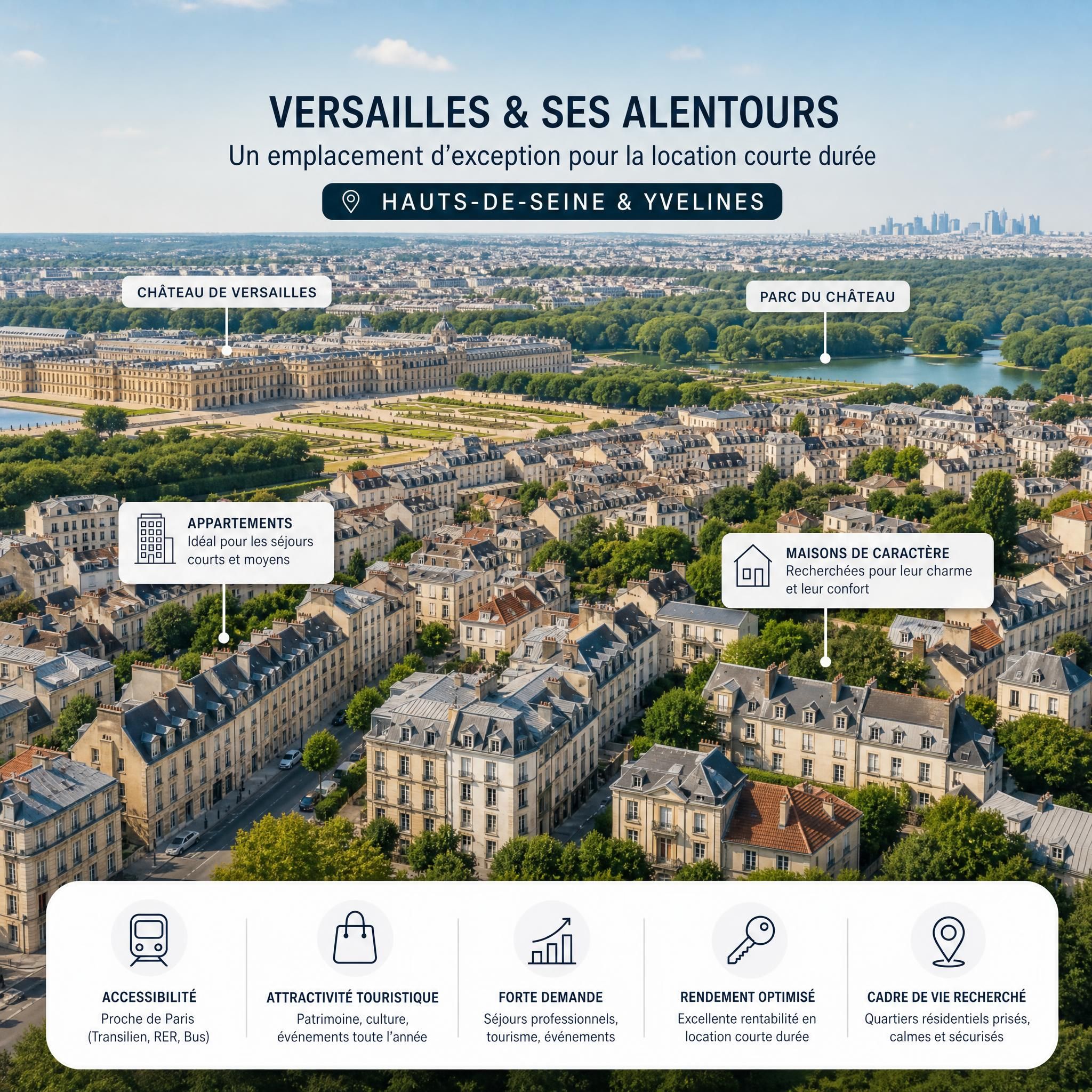 Vue aérienne de Versailles et ses alentours avec des appartements et maisons typiques de l'Ouest Parisien, illustrant le potentiel de location courte durée dans les Hauts-de-Seine et les Yvelines