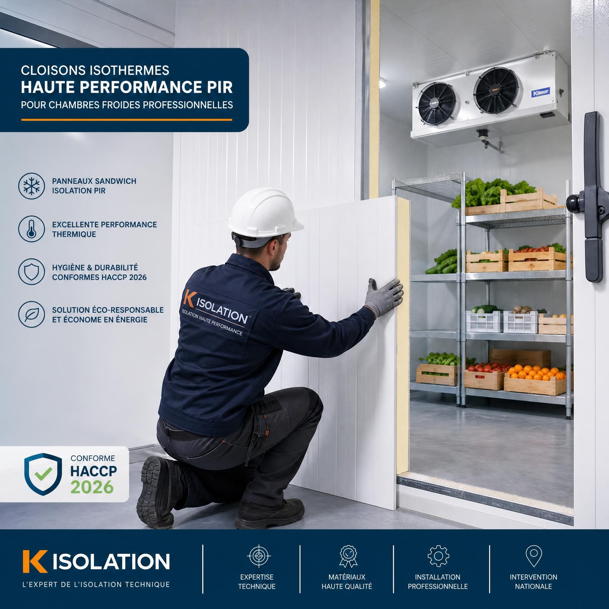 Technicien K Isolation installant une cloison isotherme haute performance PIR dans une chambre froide professionnelle conforme aux nouvelles normes HACCP 2026, avec panneaux sandwich et équipements frigorifiques modernes