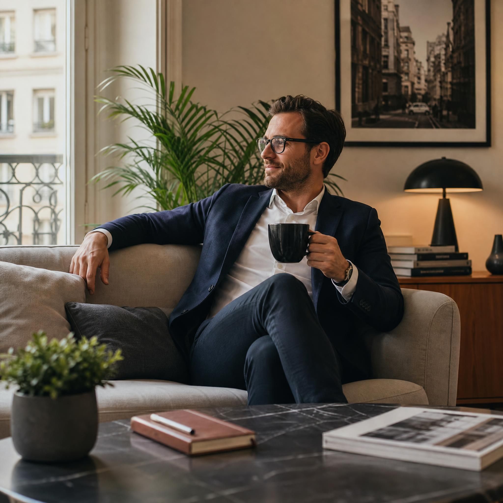 Actif urbain installé confortablement dans un salon particulier pour une pause au calme entre deux rendez-vous professionnels