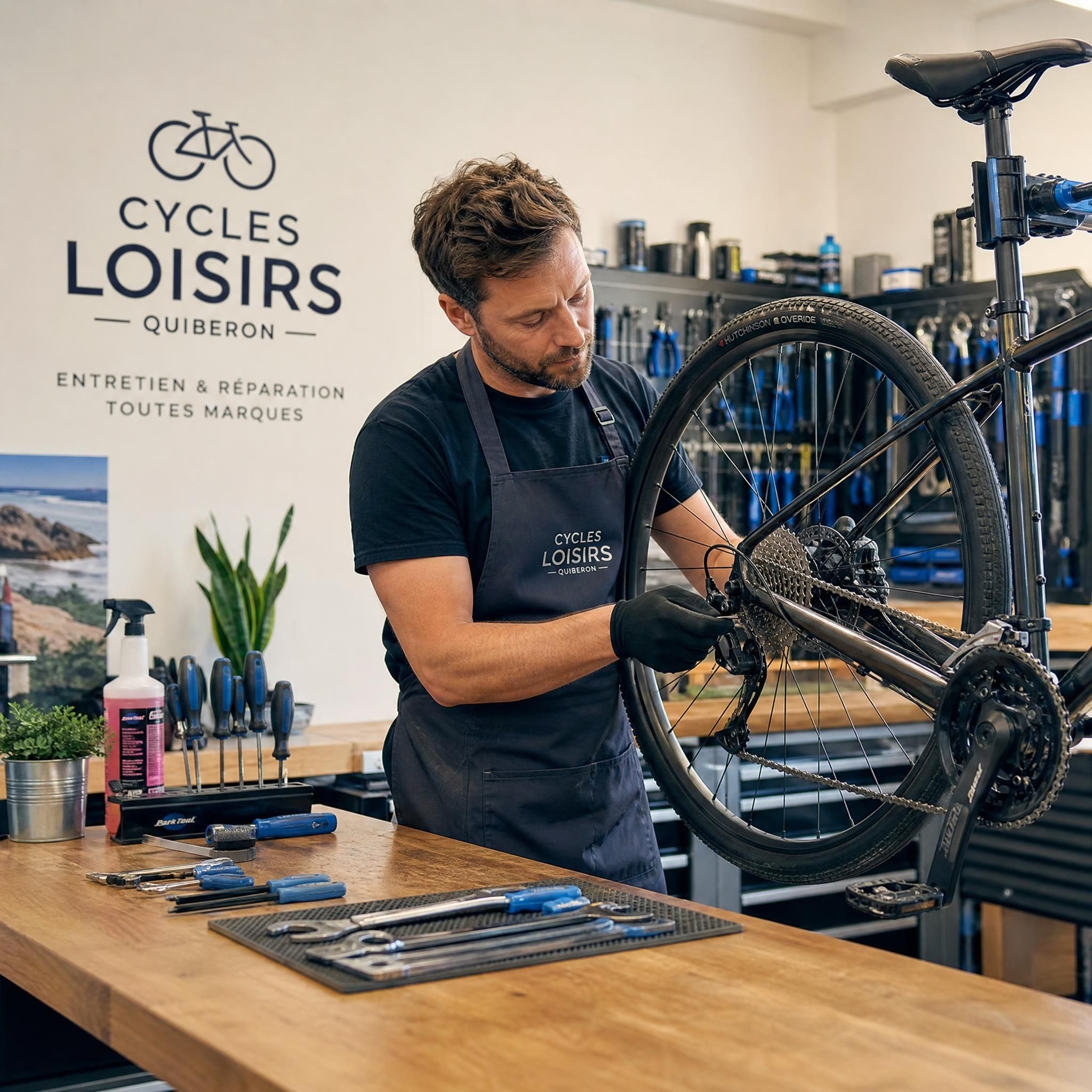 Mécanicien vélo en atelier Cycles Loisirs Quiberon, entretien et réparation vélo professionnel