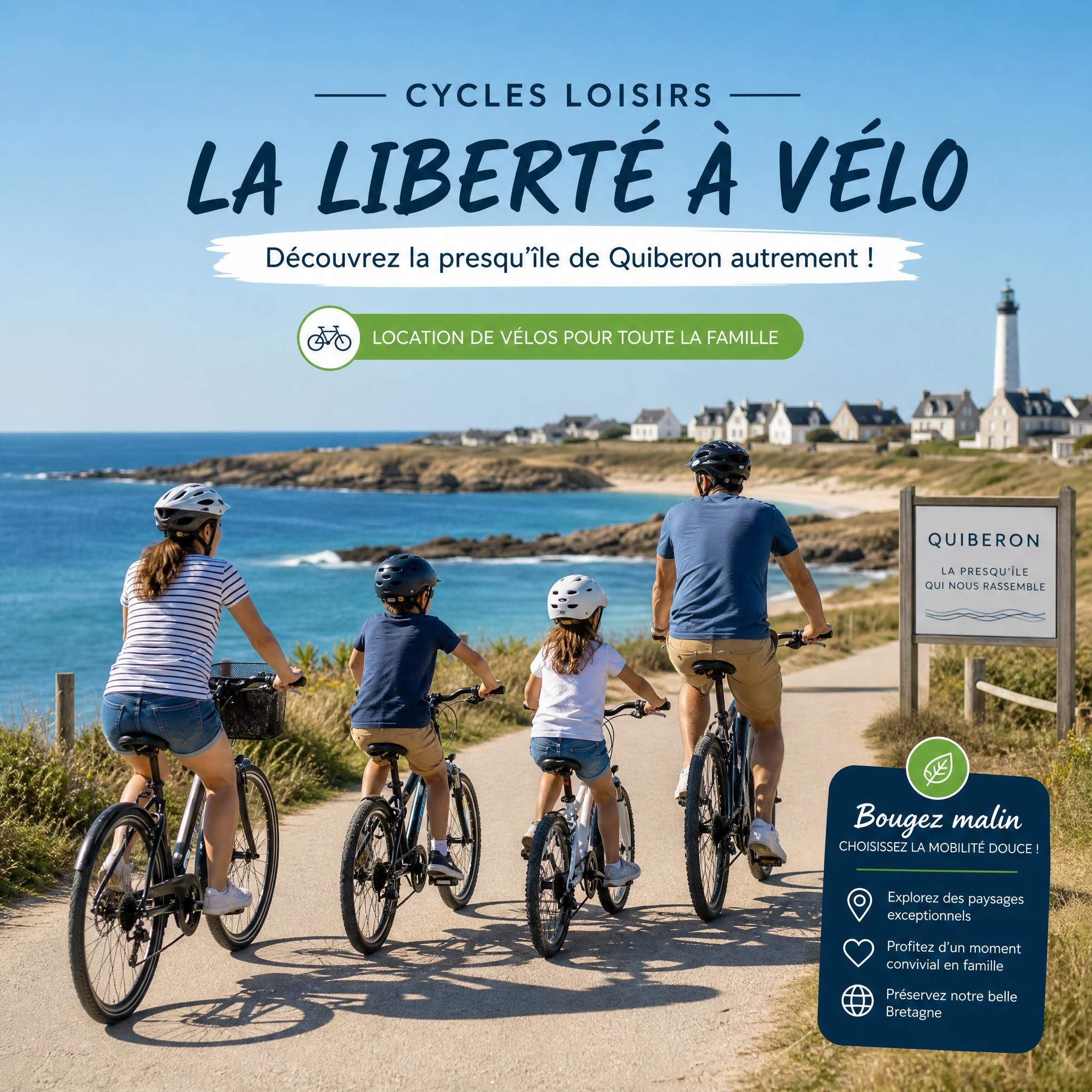 Famille à vélo sur la presqu'île de Quiberon, location vélo Cycles Loisirs, mobilité douce en Bretagne