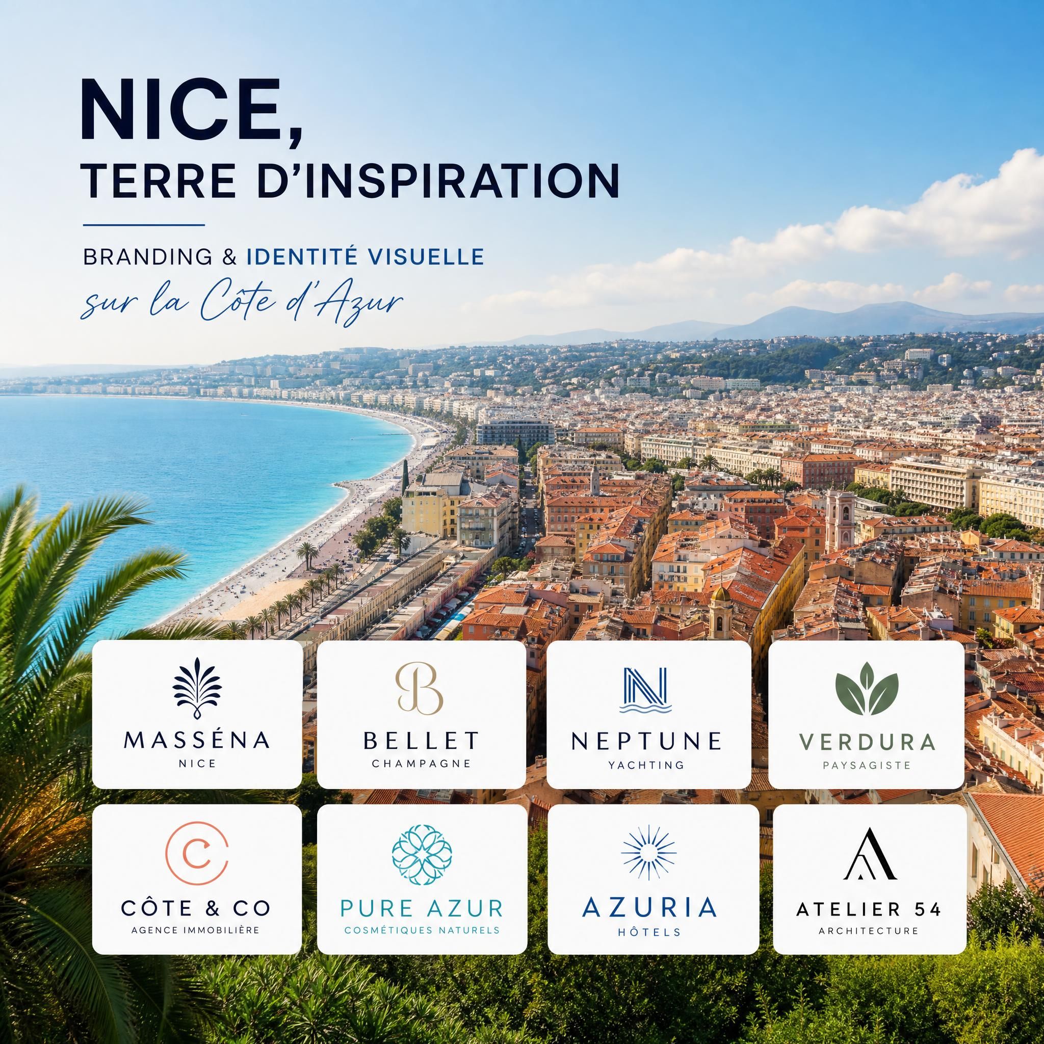 Panorama de Nice avec logos d'entreprises locales illustrant le branding et l'identité visuelle sur la Côte d'Azur