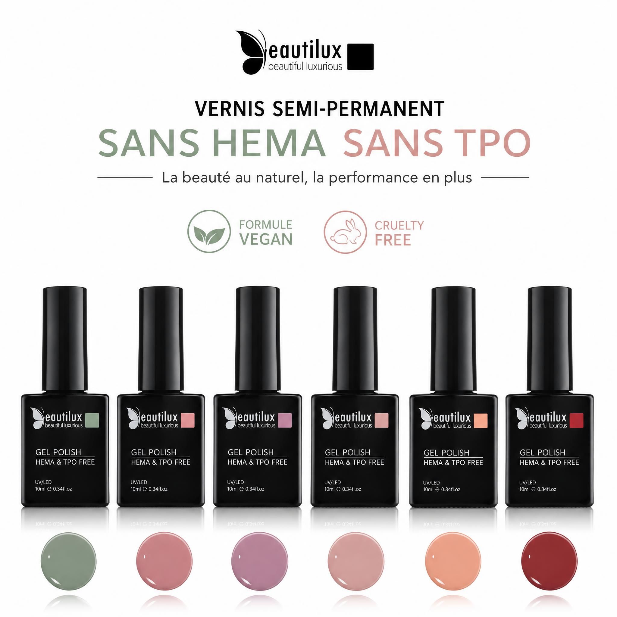 Vernis semi-permanent sans HEMA sans TPO Beautilux - formule vegan et cruelty-free, flacons alignés sur fond blanc épuré