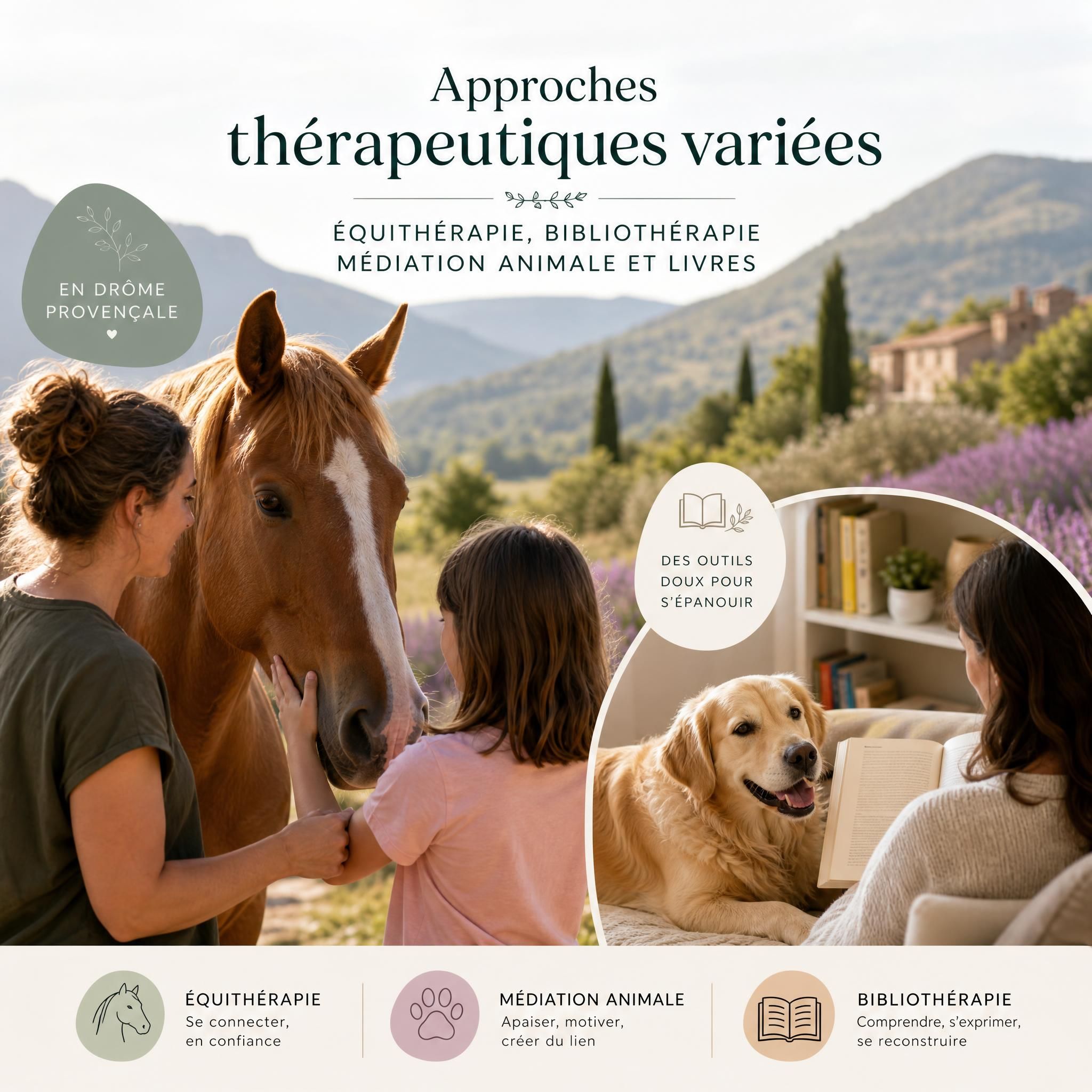 Approches thérapeutiques variées - équithérapie avec chevaux en Drôme provençale et bibliothérapie, médiation animale et livres