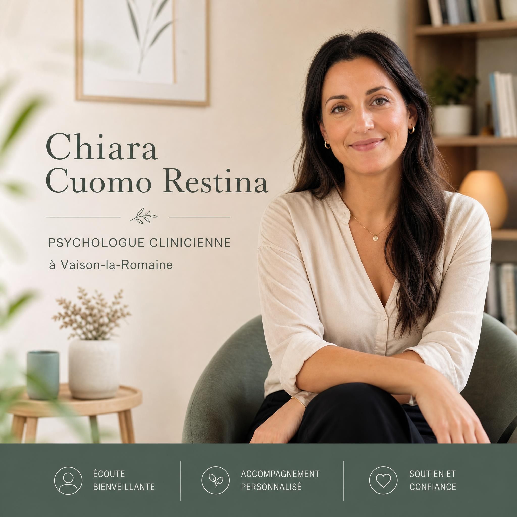 Chiara Cuomo Restina, psychologue clinicienne à Vaison-la-Romaine, portrait professionnel chaleureux