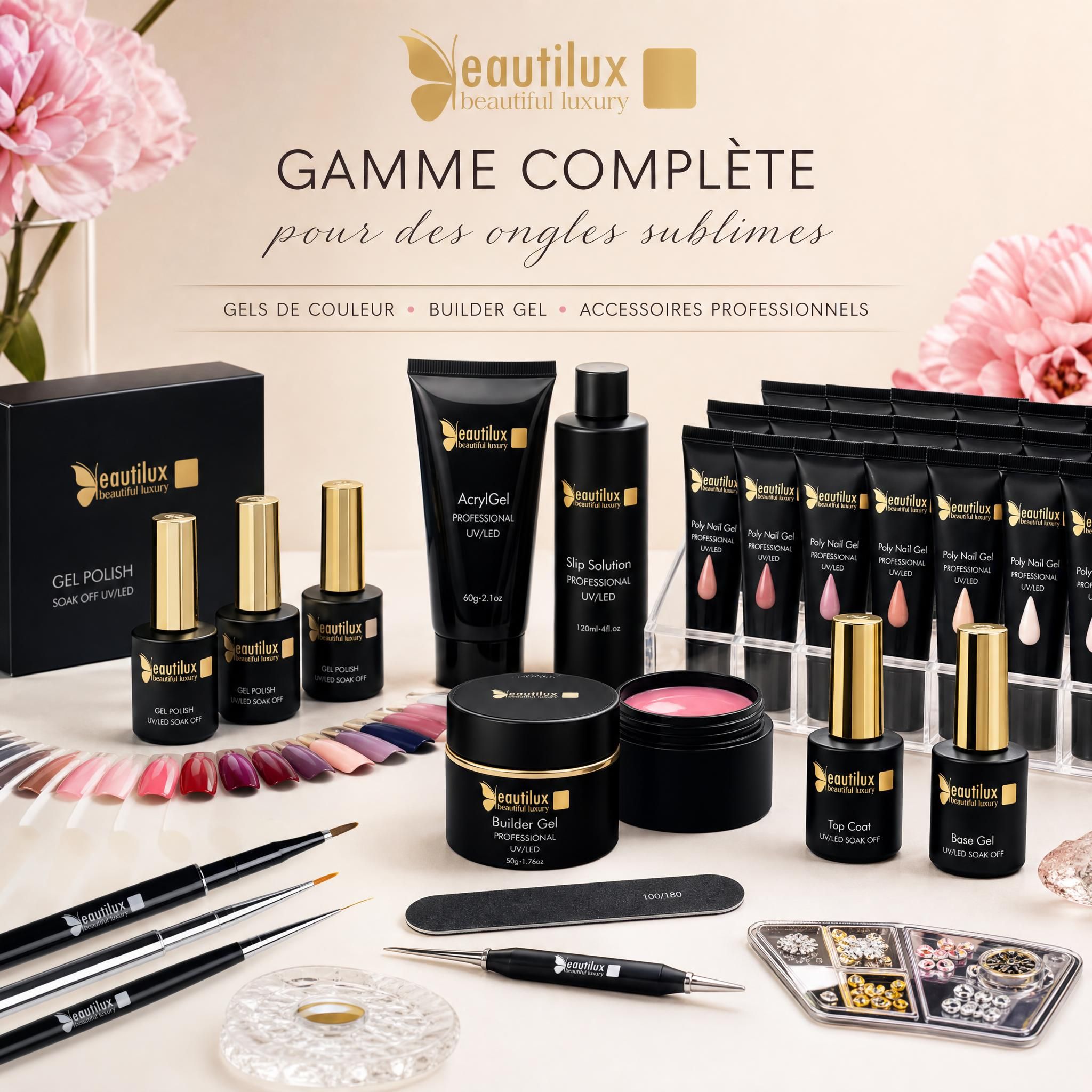 Gamme complète Beautilux nail art - gels de couleur, builder gel et accessoires professionnels disposés artistiquement