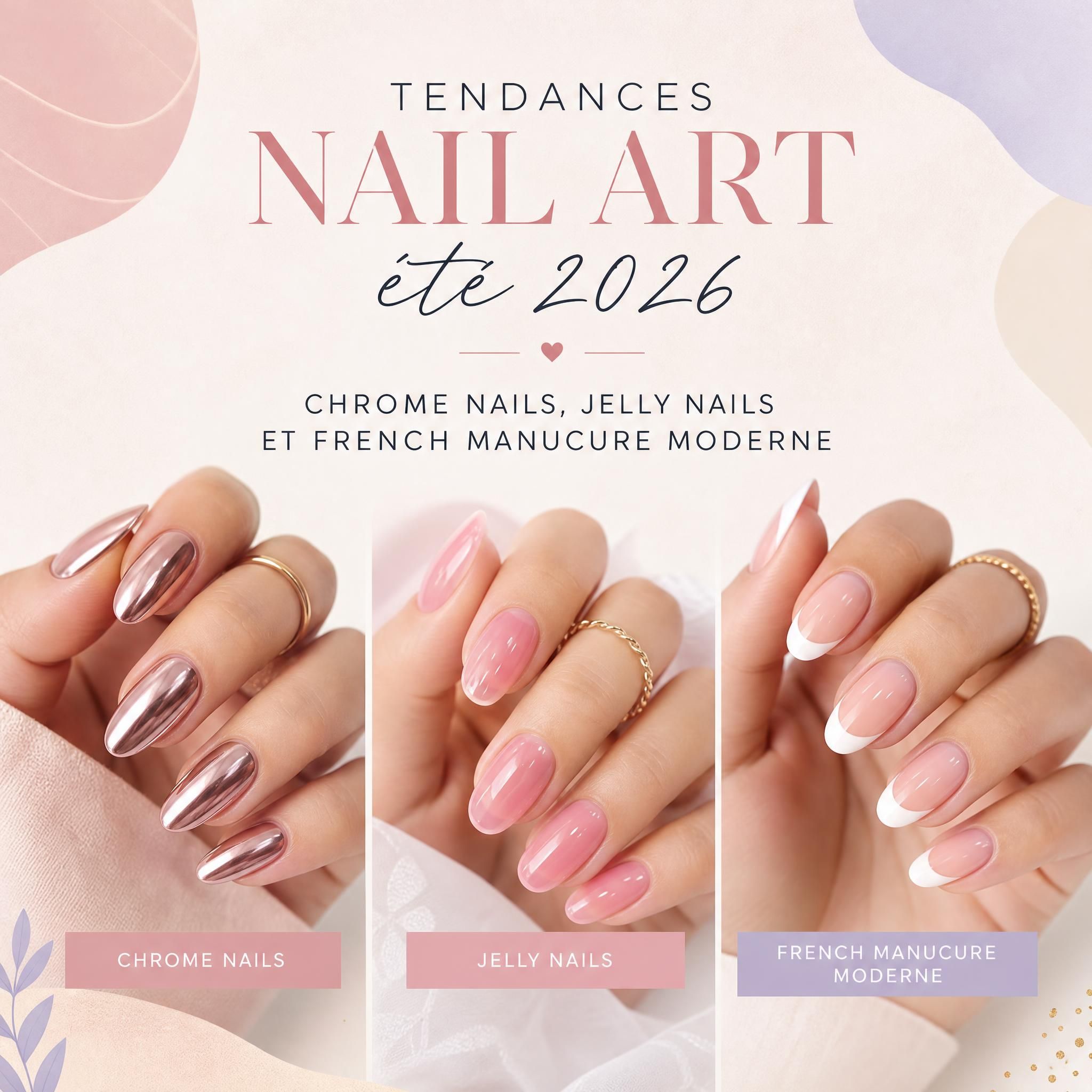 Tendances nail art été 2026 - chrome nails, jelly nails et french manucure moderne sur fond pastel élégant
