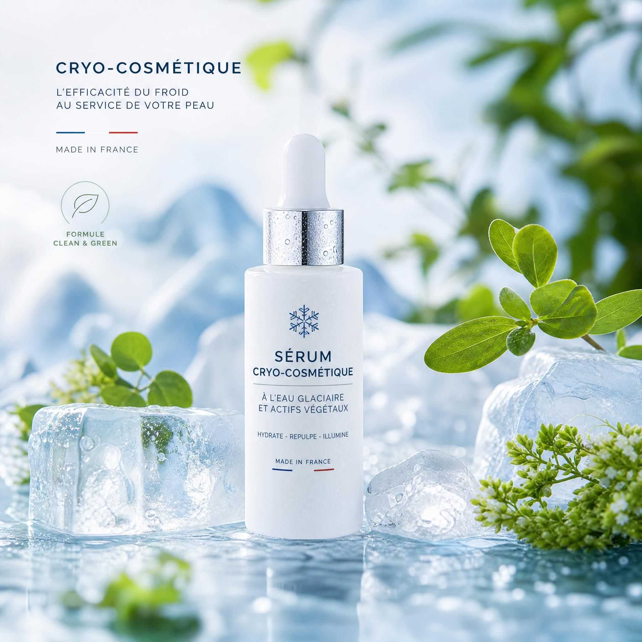 Sérum cryo-cosmétique made in France posé sur une surface glacée avec des glaçons naturels et des plantes vertes, ambiance éco-responsable