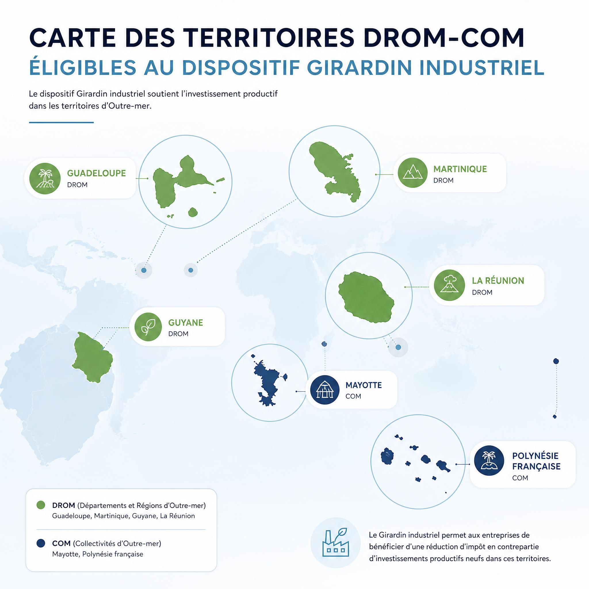 Carte des territoires DROM-COM éligibles au dispositif Girardin industriel — Guadeloupe, Martinique, Guyane, La Réunion, Mayotte, Polynésie française