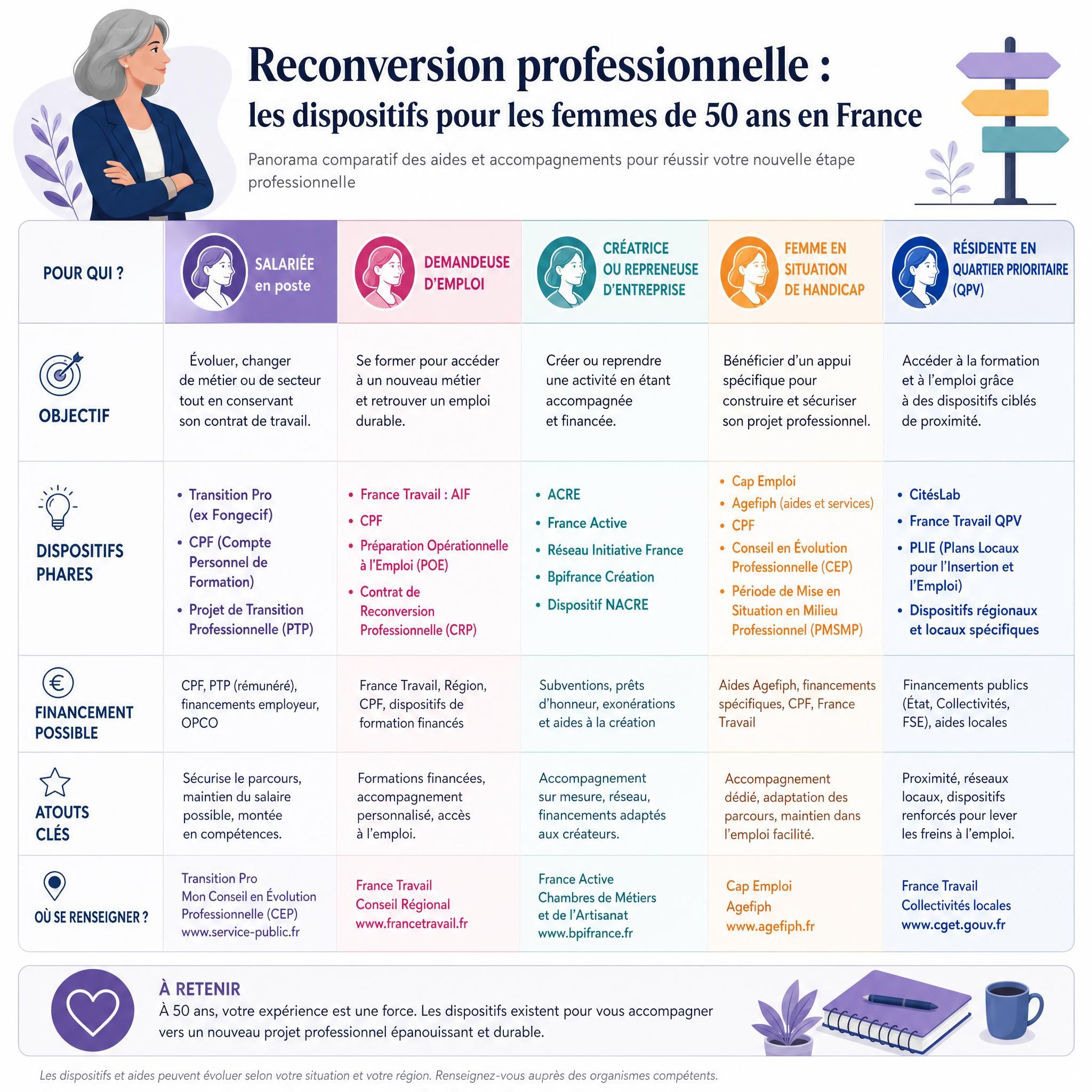 Tableau comparatif illustré des dispositifs de reconversion pour femmes de 50 ans en France, avec icônes et codes couleurs par profil
