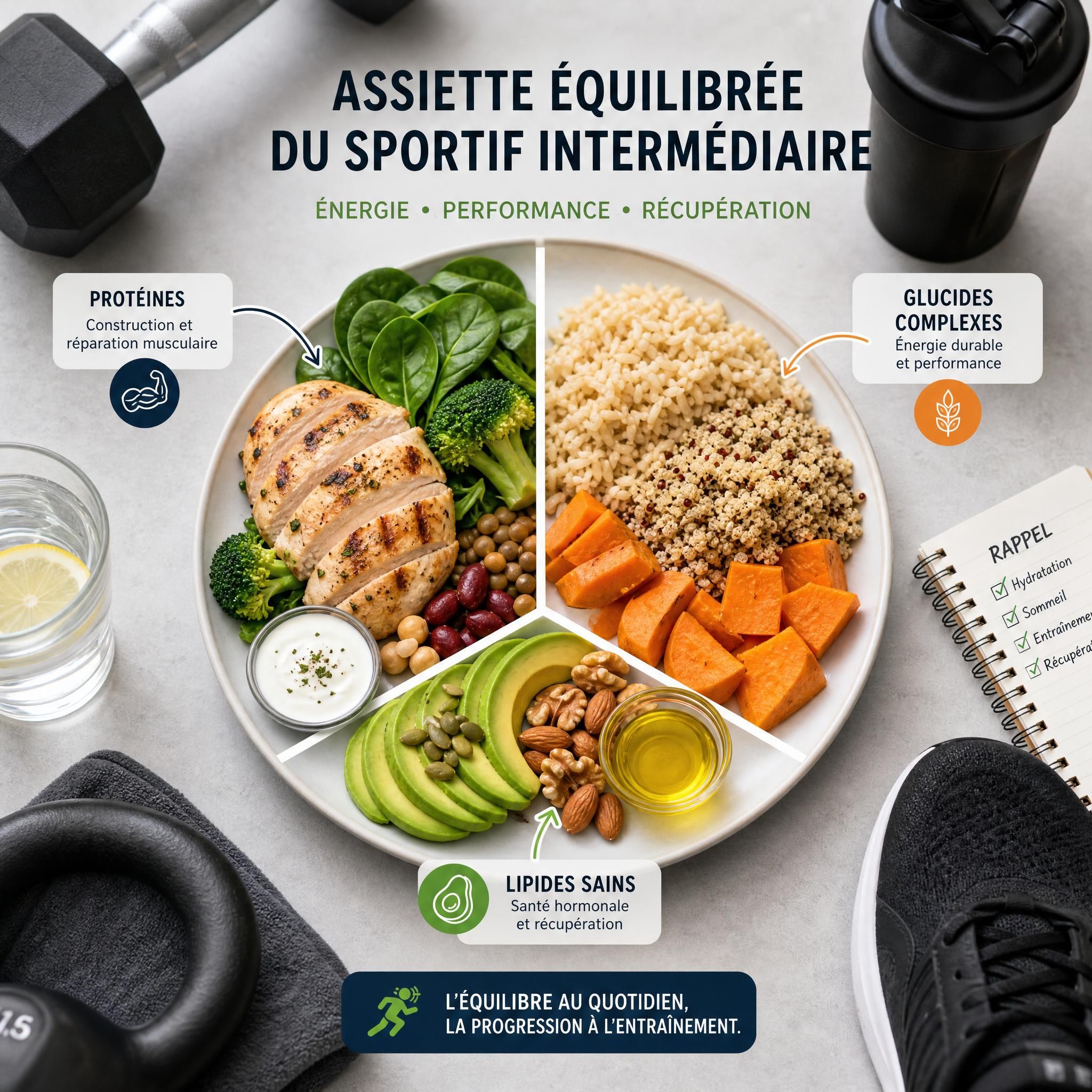 Assiette équilibrée du sportif intermédiaire avec macronutriments — protéines, glucides complexes et lipides sains, entourée d'équipements sportifs