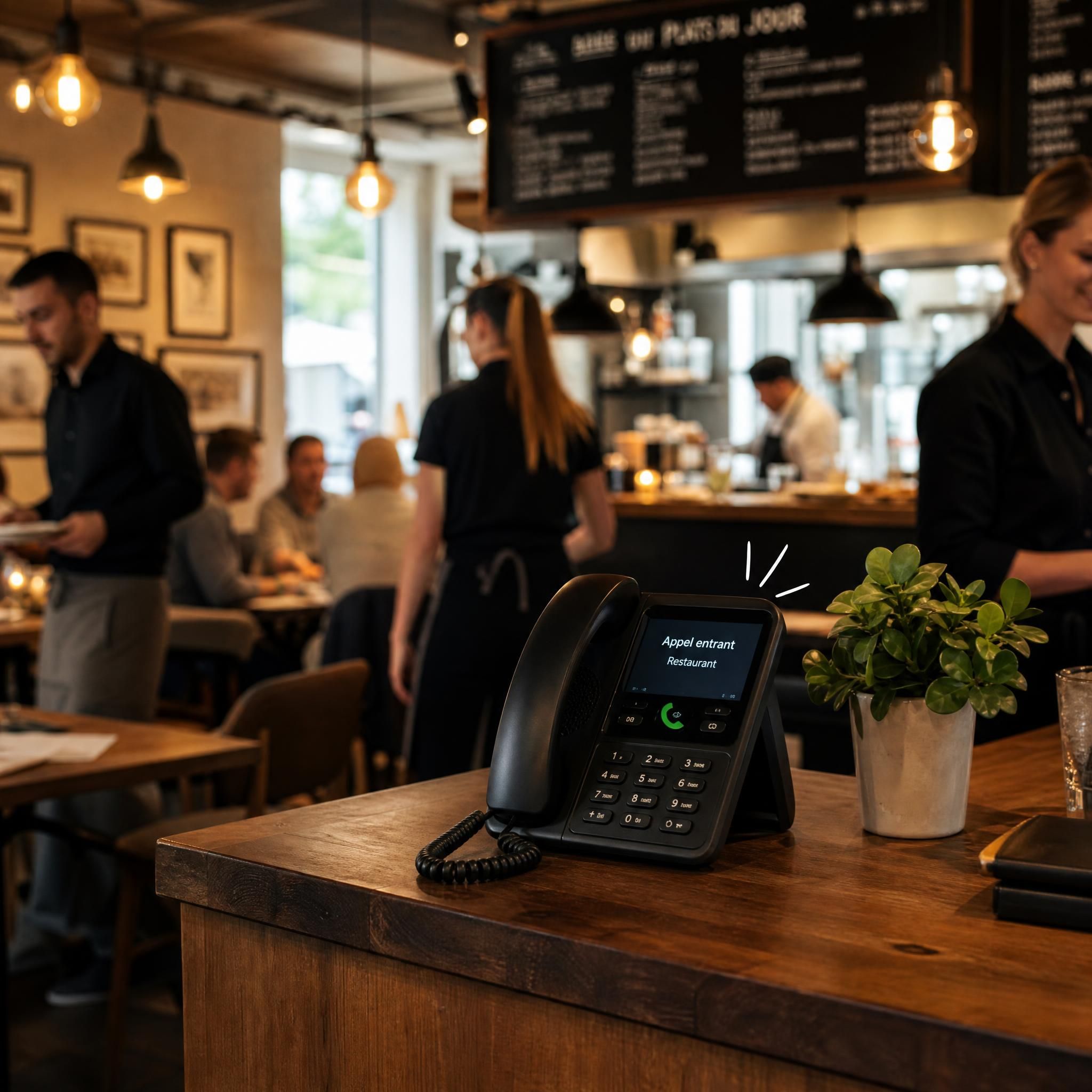 Photo professionnelle d'un restaurant belge animé, téléphone en train de sonner sur le comptoir pendant le service, ambiance chaleureuse et moderne