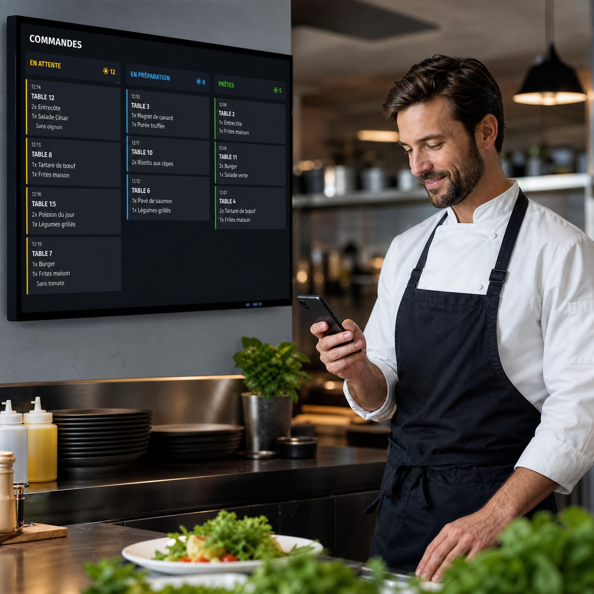Photo professionnelle d'un chef cuisinier en cuisine regardant son téléphone avec satisfaction, commandes bien organisées sur écran digital, ambiance professionnelle