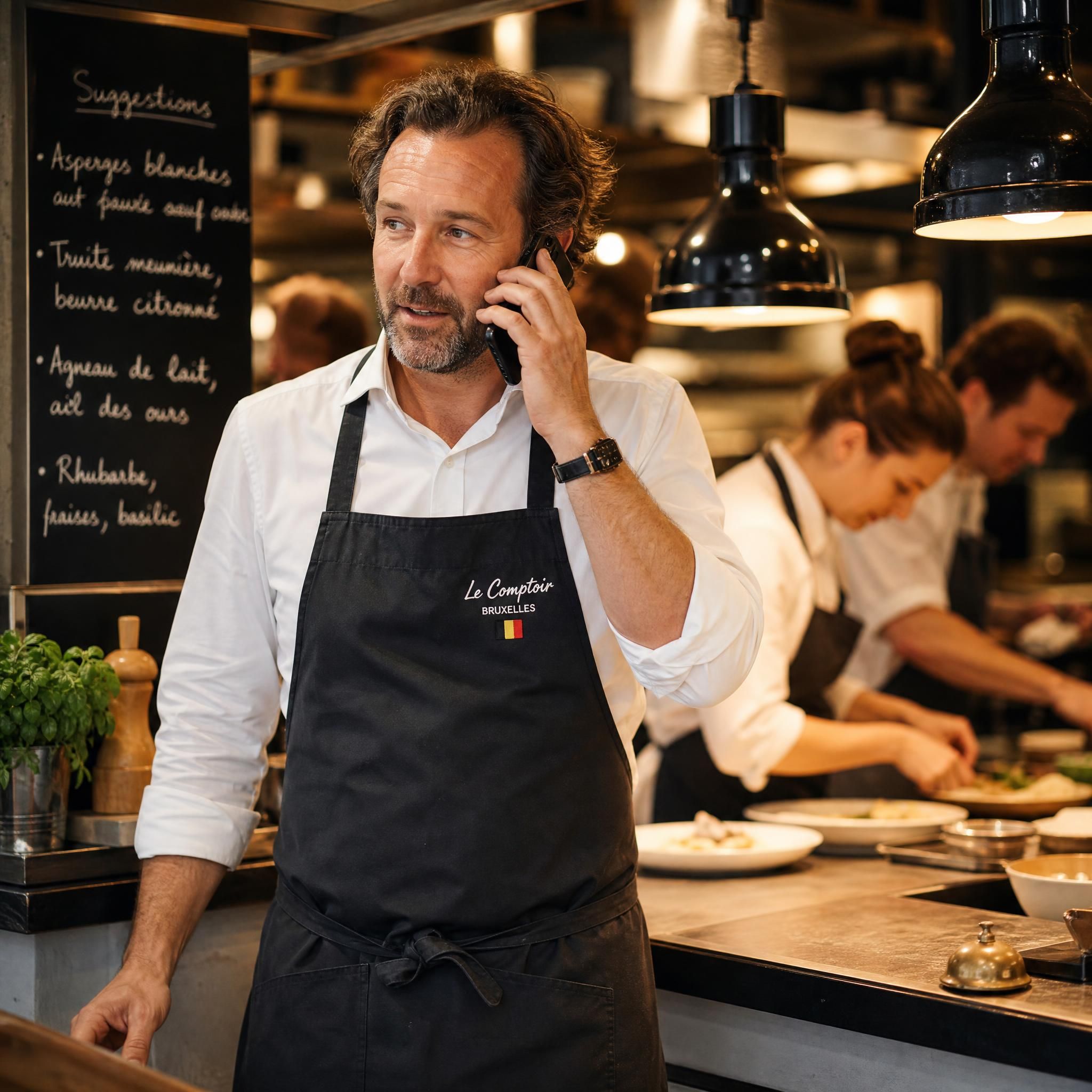 Restaurateur belge professionnel au téléphone dans une cuisine animée pendant le service, ambiance chaleureuse et dynamique