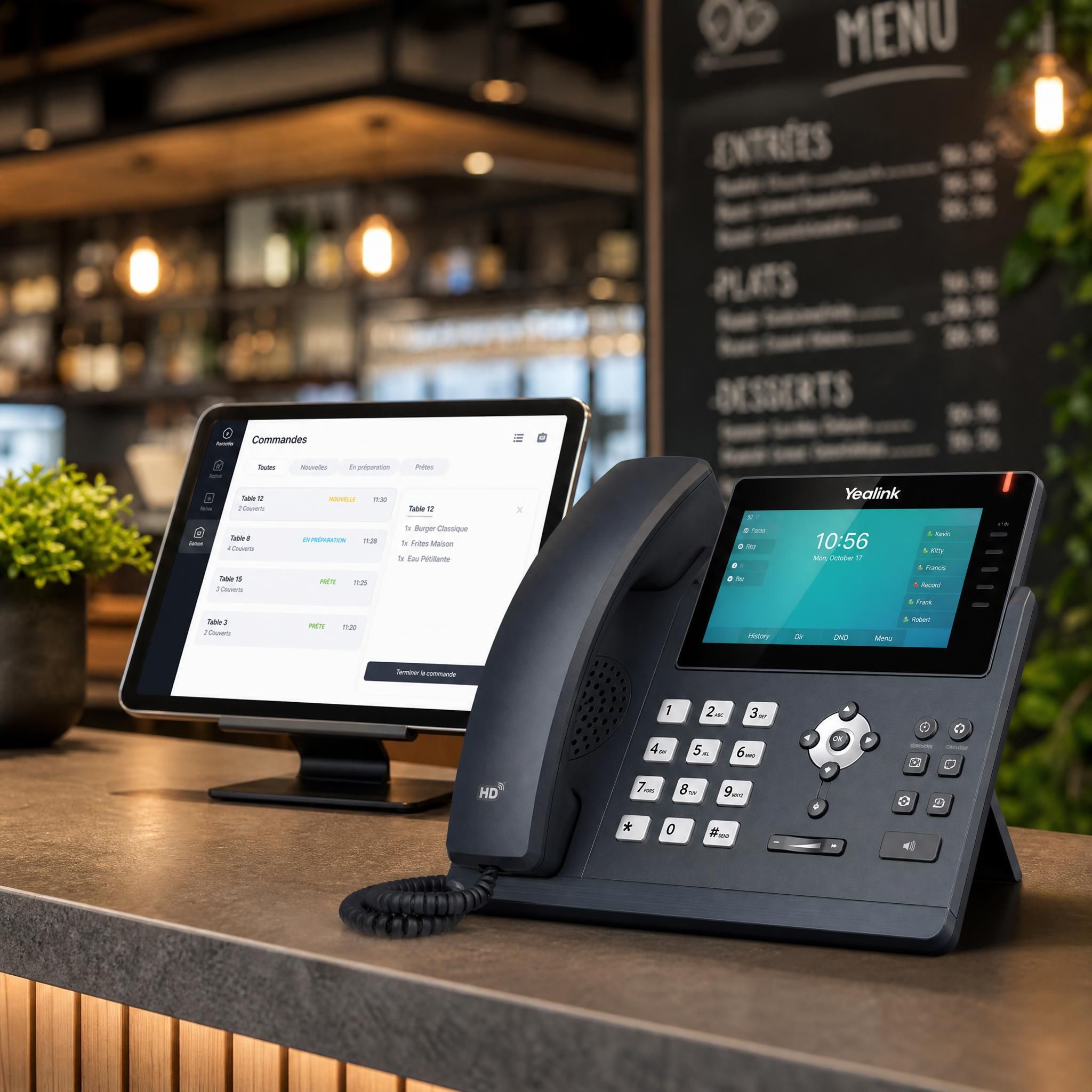 Téléphone professionnel posé sur un comptoir de restaurant avec une tablette affichant un système de gestion des commandes en arrière-plan