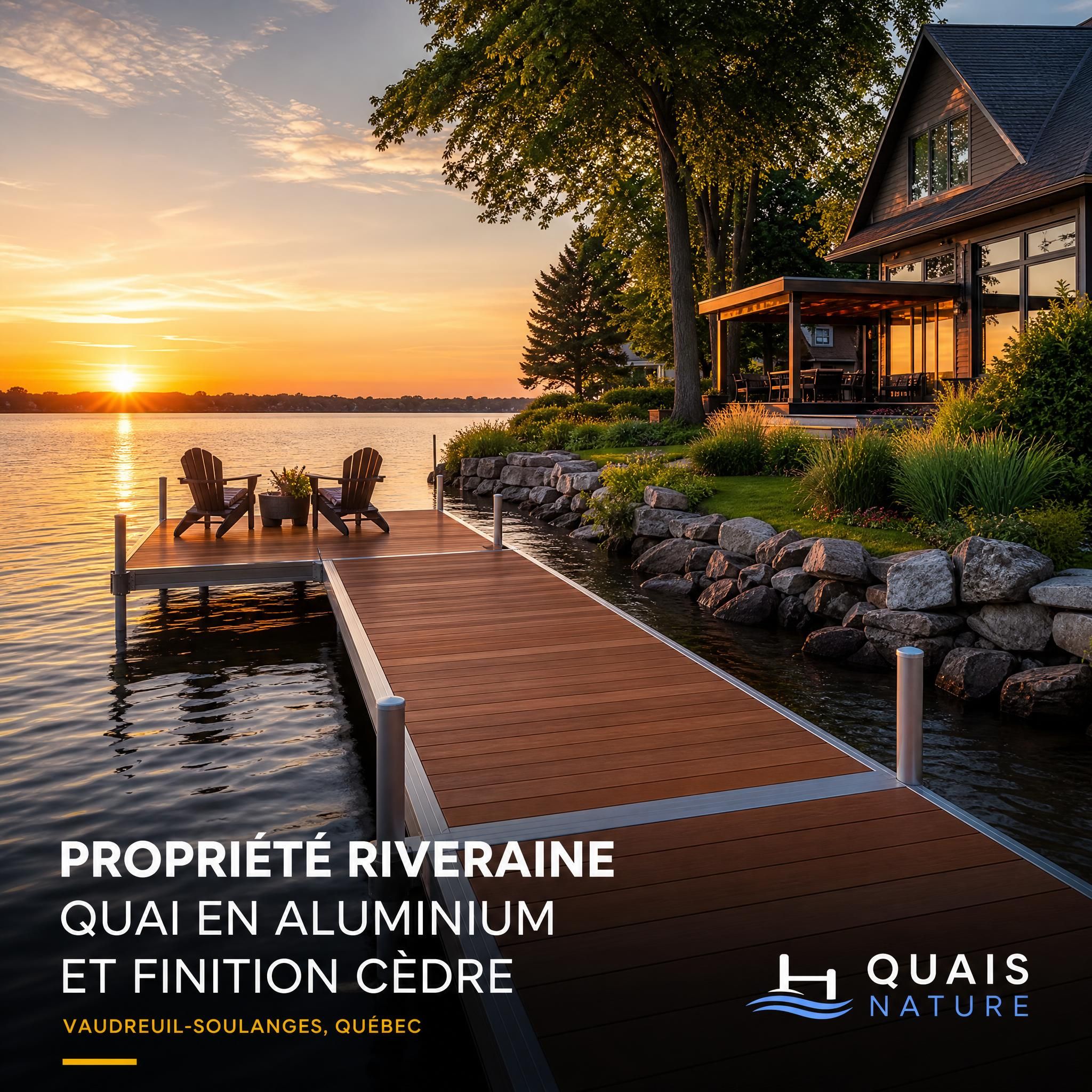 Propriété riveraine résidentielle avec quai en aluminium et finition cèdre au coucher du soleil, région de Vaudreuil-Soulanges, Québec