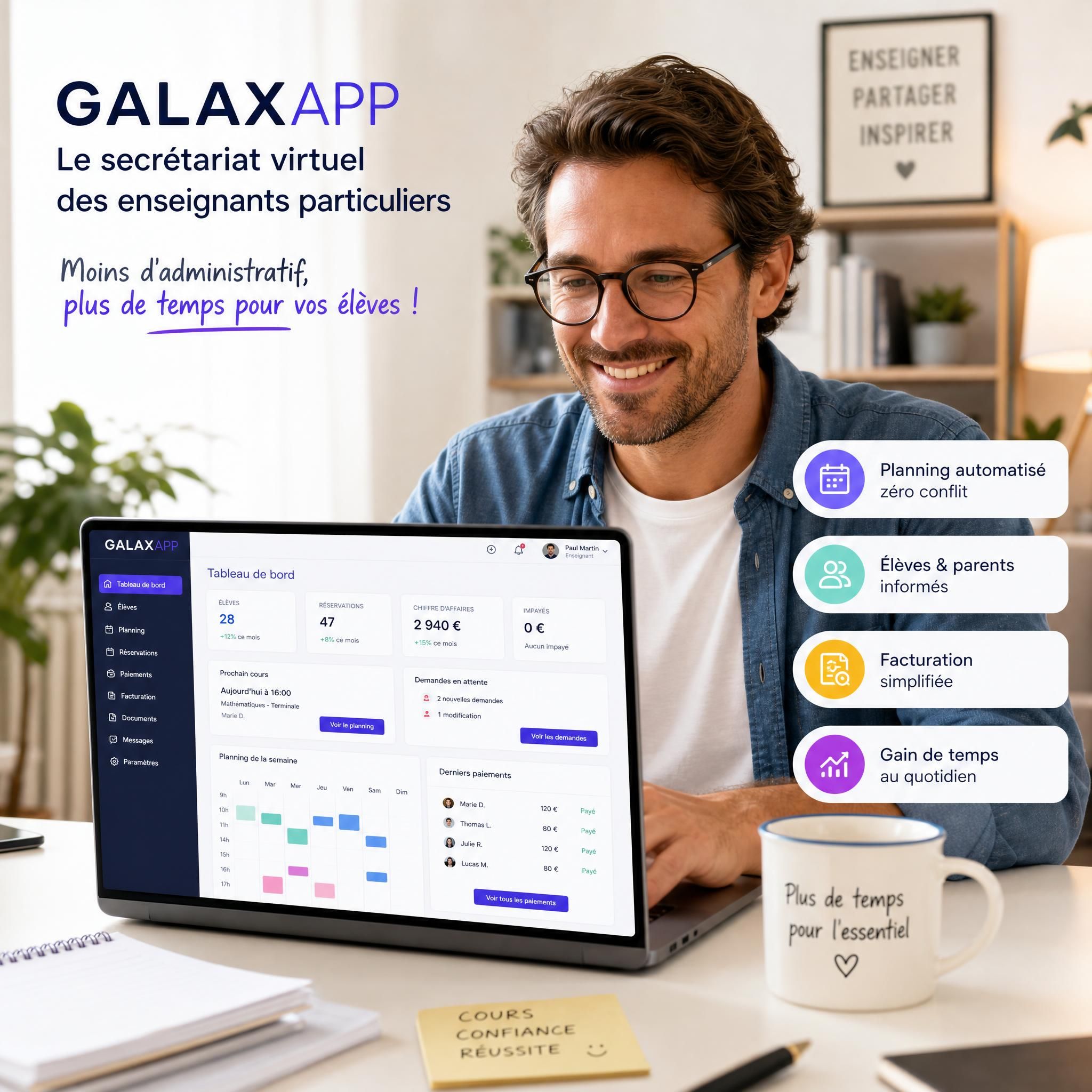 Professeur particulier souriant devant son ordinateur avec l'interface GALAXAPP ouverte, ambiance moderne et décontractée, illustrant le gain de temps grâce au secrétariat virtuel enseignant