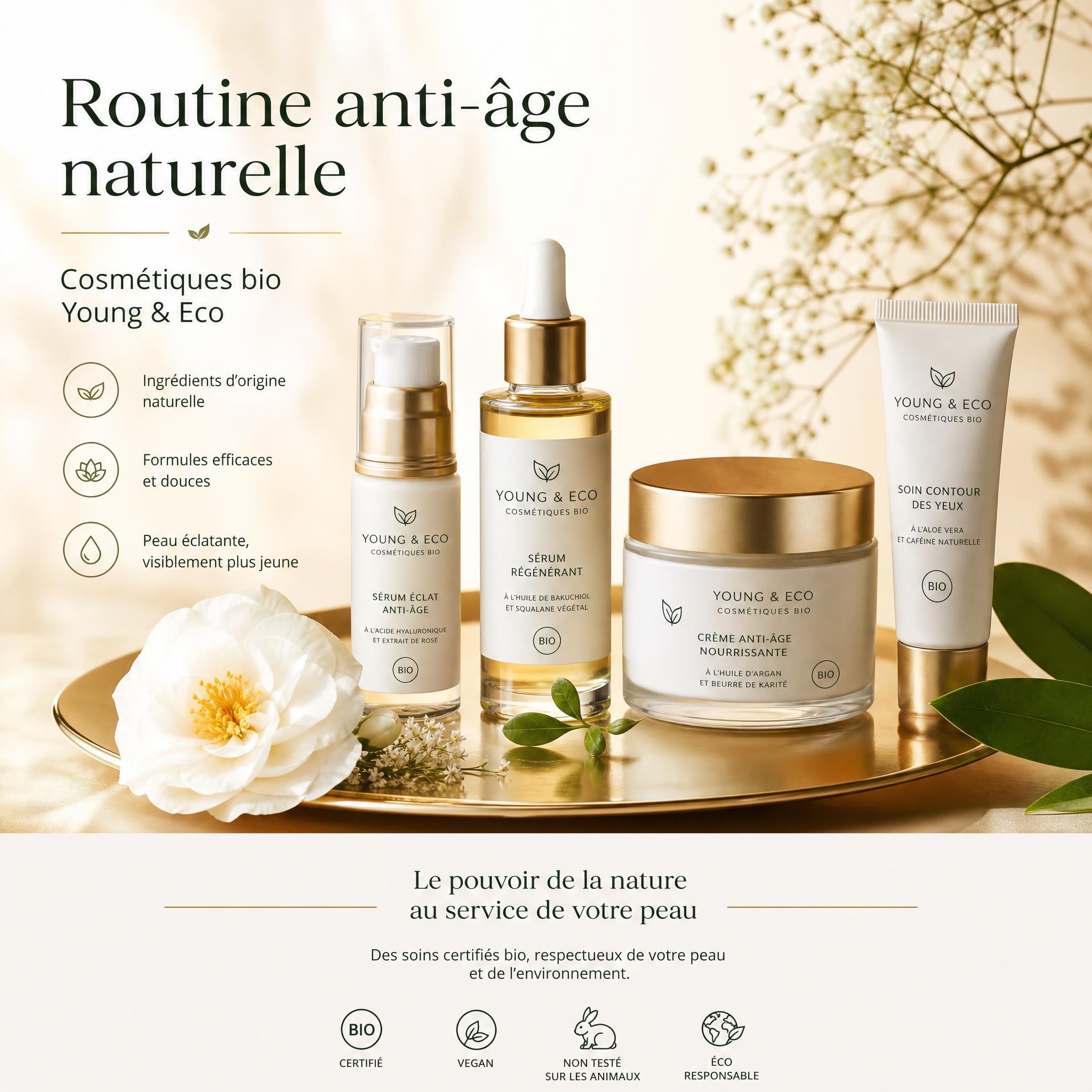 Routine anti-âge naturelle avec cosmétiques bio Young & Eco — sérums, crèmes et soins visage naturels disposés élégamment sur une surface dorée