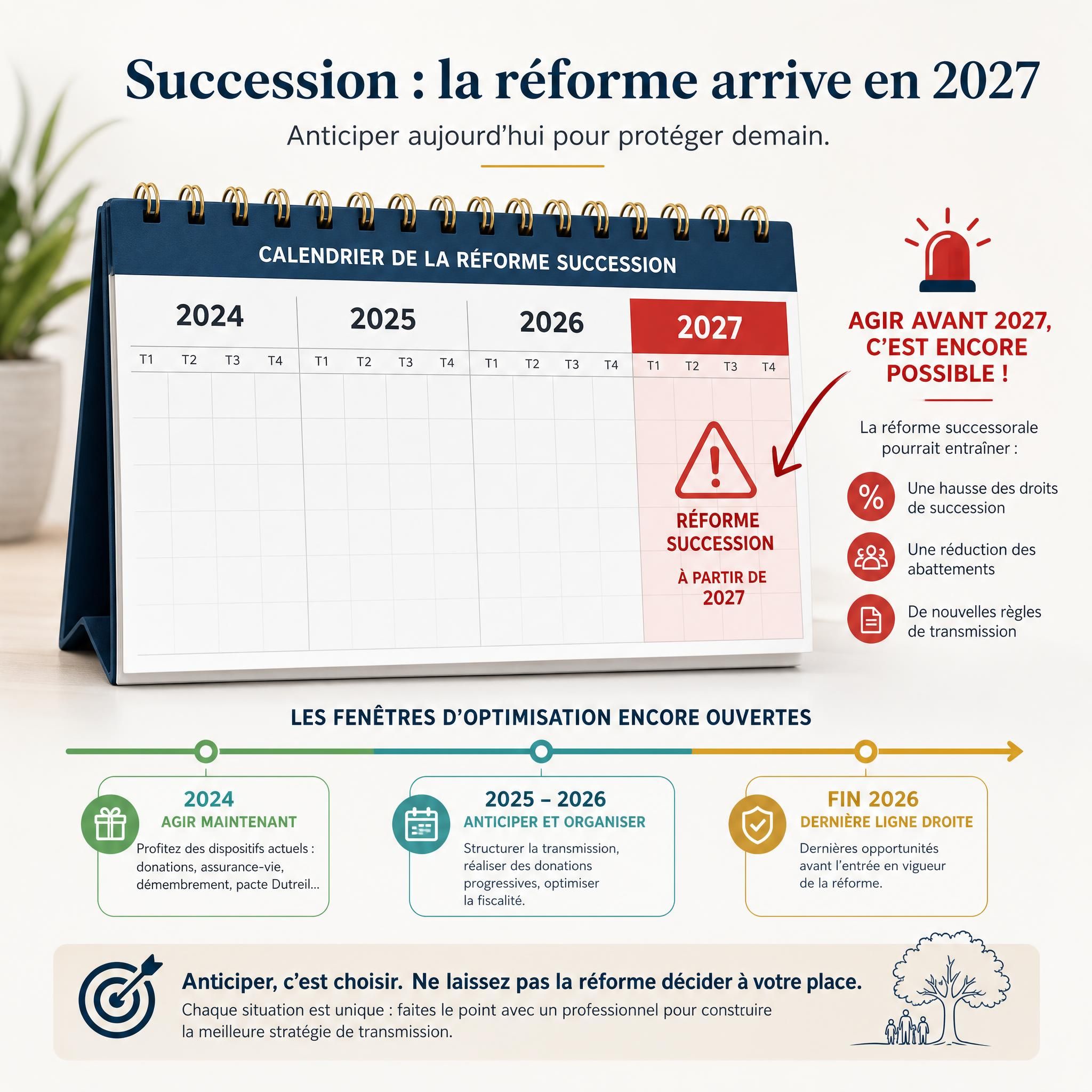 Calendrier illustrant l'urgence d'anticiper la réforme succession avant 2027, avec les fenêtres d'optimisation fiscale disponibles