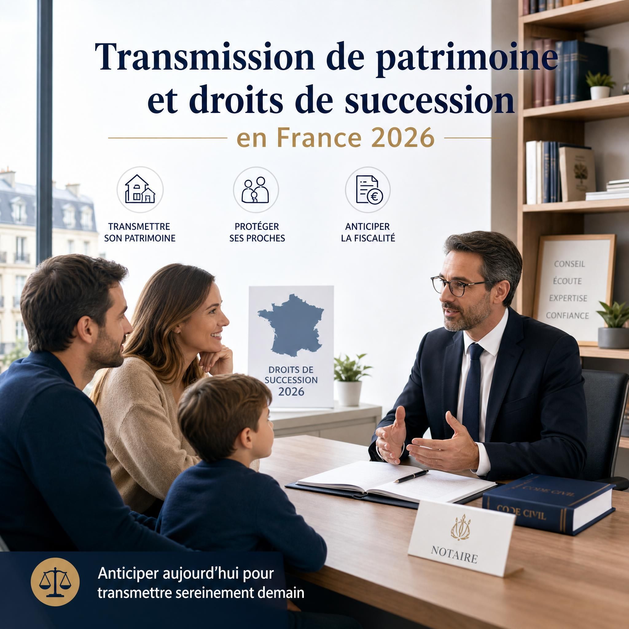 Illustration d'une famille devant un notaire discutant de la transmission de patrimoine et des droits de succession en France 2026