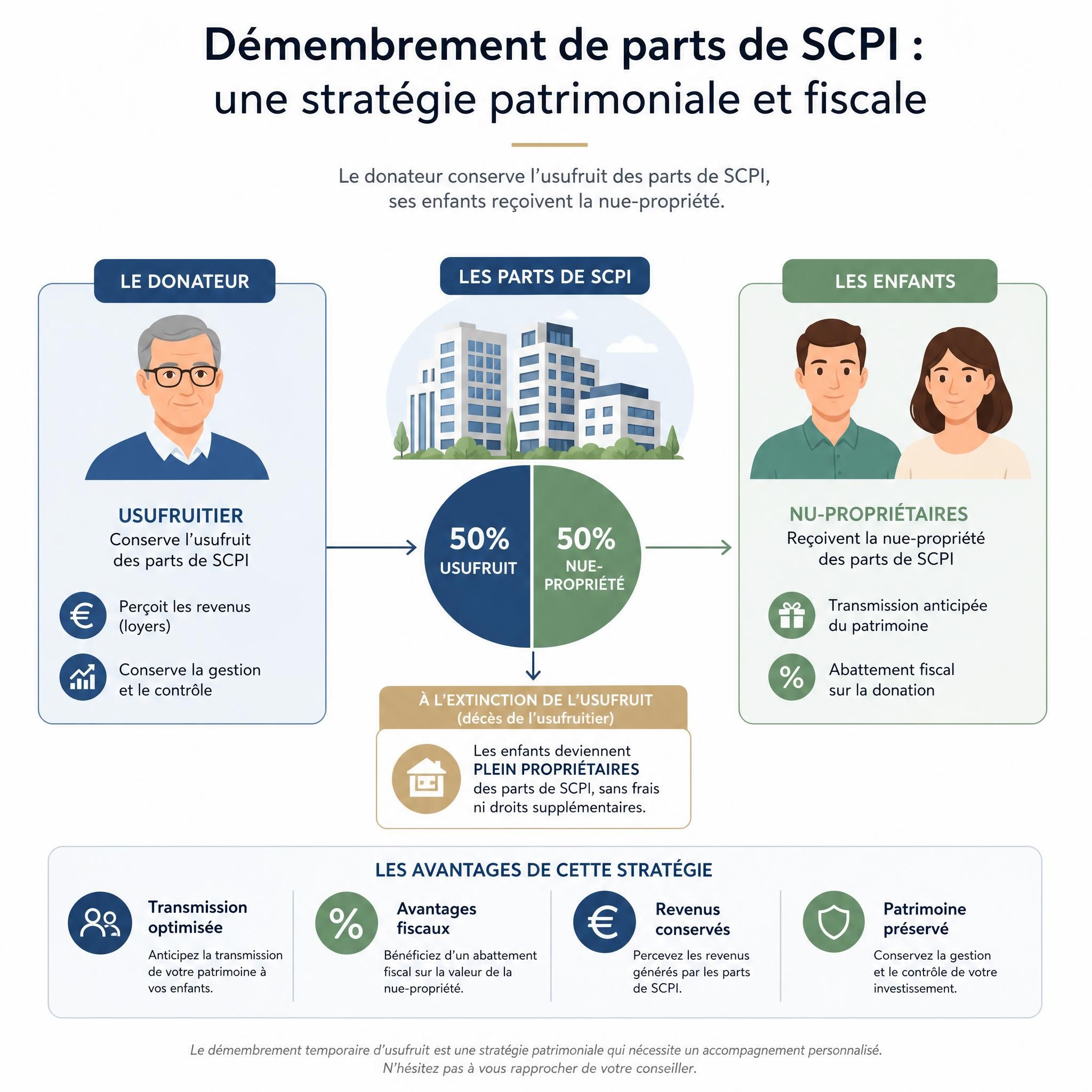Graphique illustrant la stratégie de démembrement de parts de SCPI entre donateur usufruitier et enfants nu-propriétaires