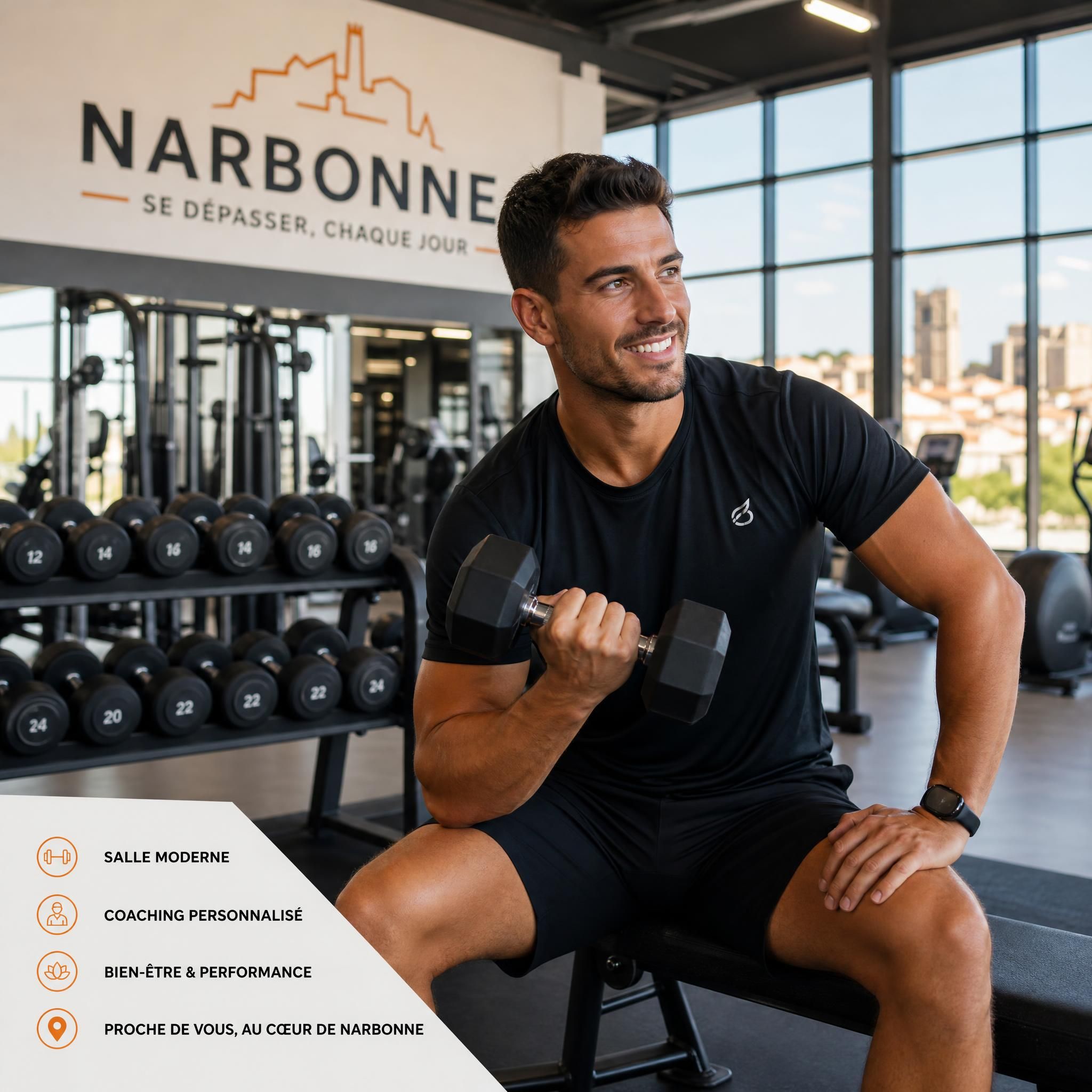 Personne motivée s'entraînant dans une salle de sport moderne à Narbonne, équipements fitness en arrière-plan