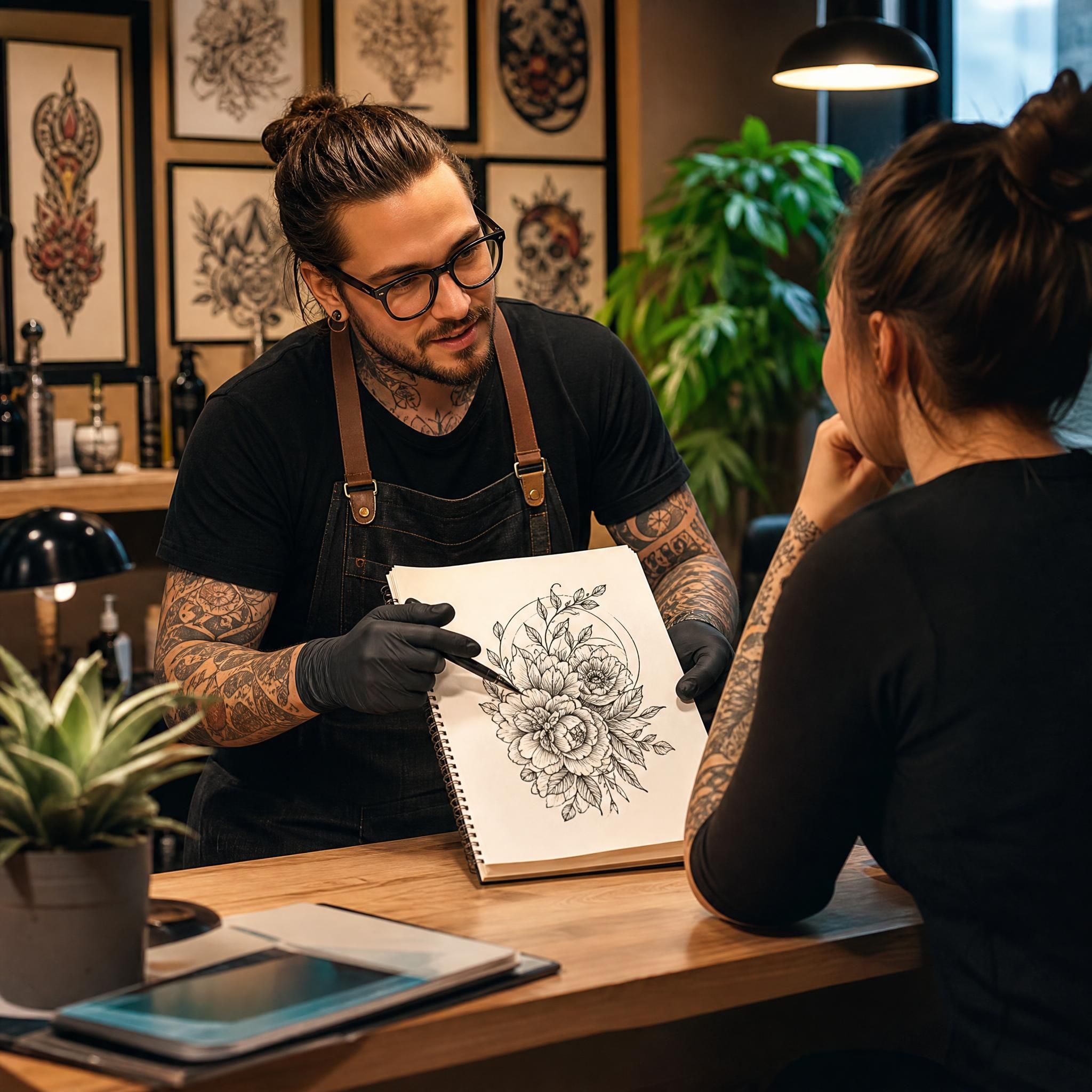 Illustration illustrative d'un tatoueur discutant avec un client, montrant un carnet de croquis, atmosphère chaleureuse et professionnelle, sans texte