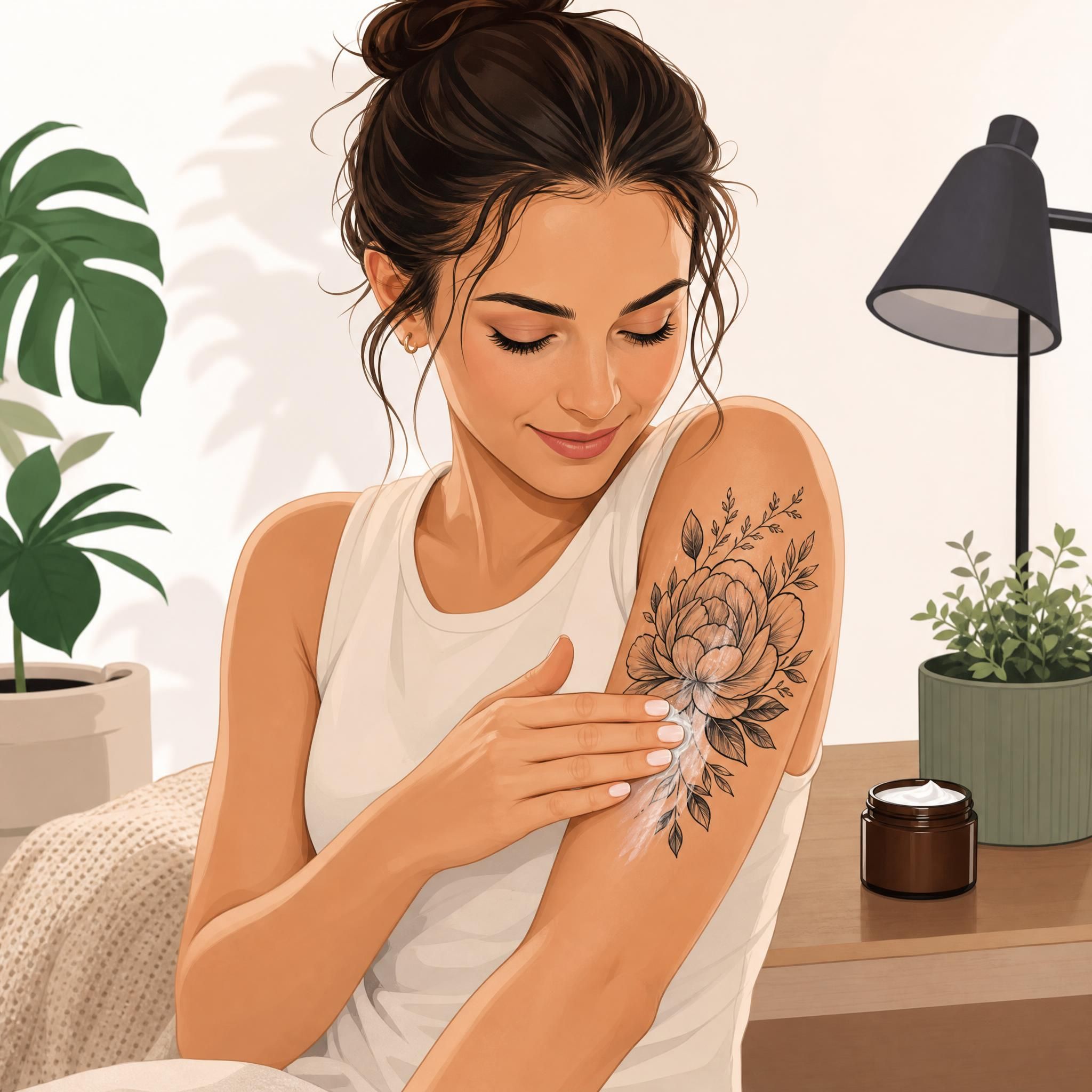 Illustration illustrative d'une personne appliquant une crème hydratante sur un tatouage récent, style graphique doux et rassurant, sans texte