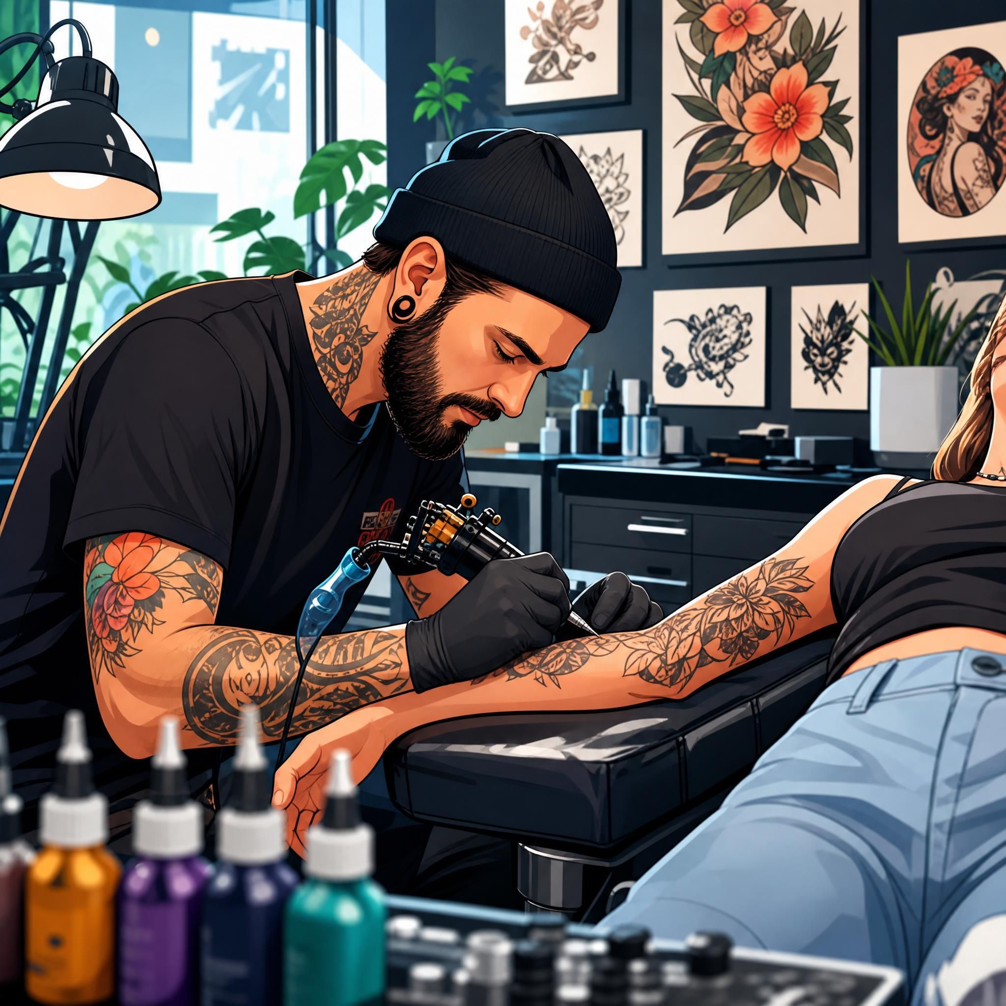 Illustration colorée et illustrative d'un artiste tatoueur au travail dans un studio moderne, style graphique sans texte
