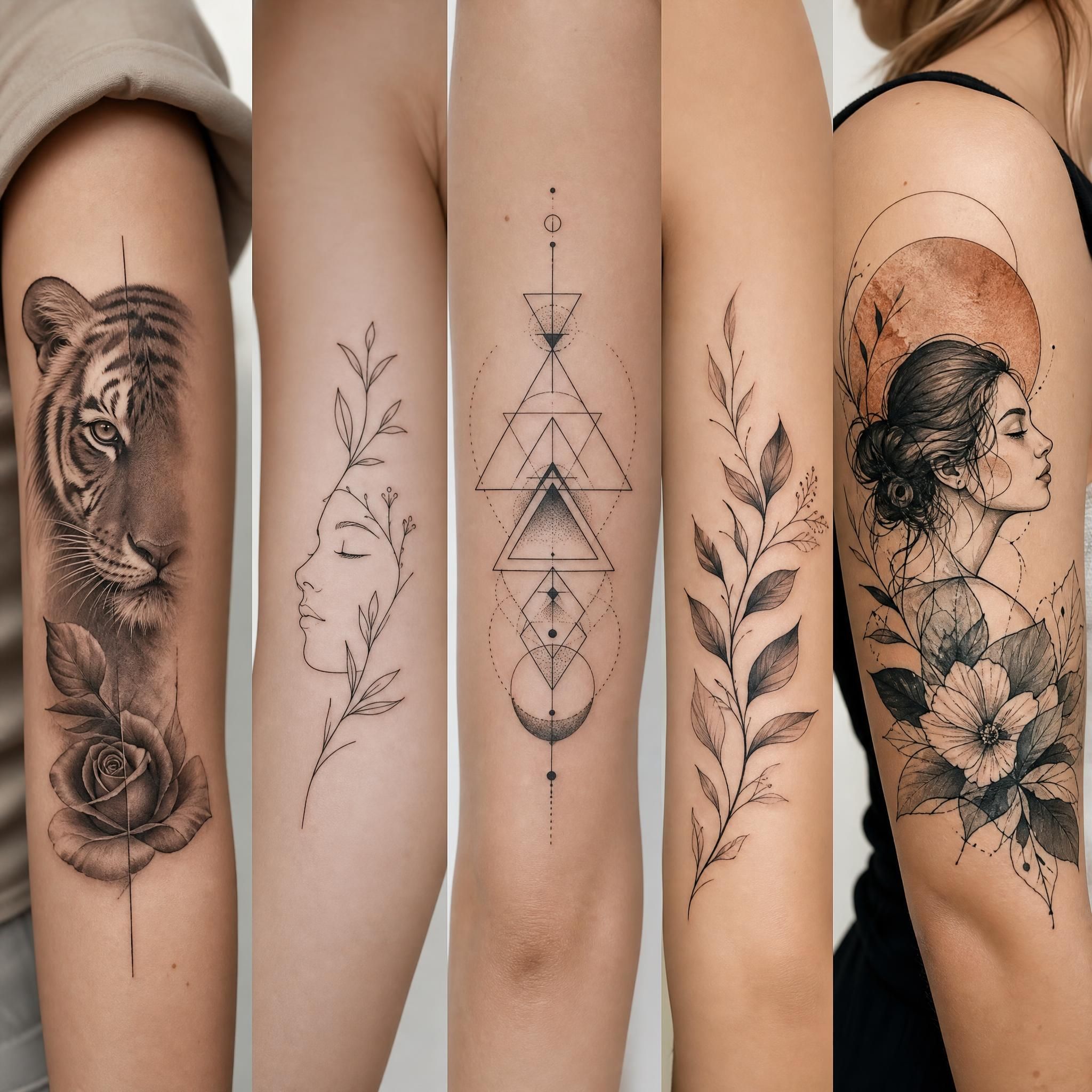 Illustration illustrative montrant plusieurs styles de tatouage côte à côte : micro-réalisme, fine line, géométrique, botanique, style illustratif sans texte