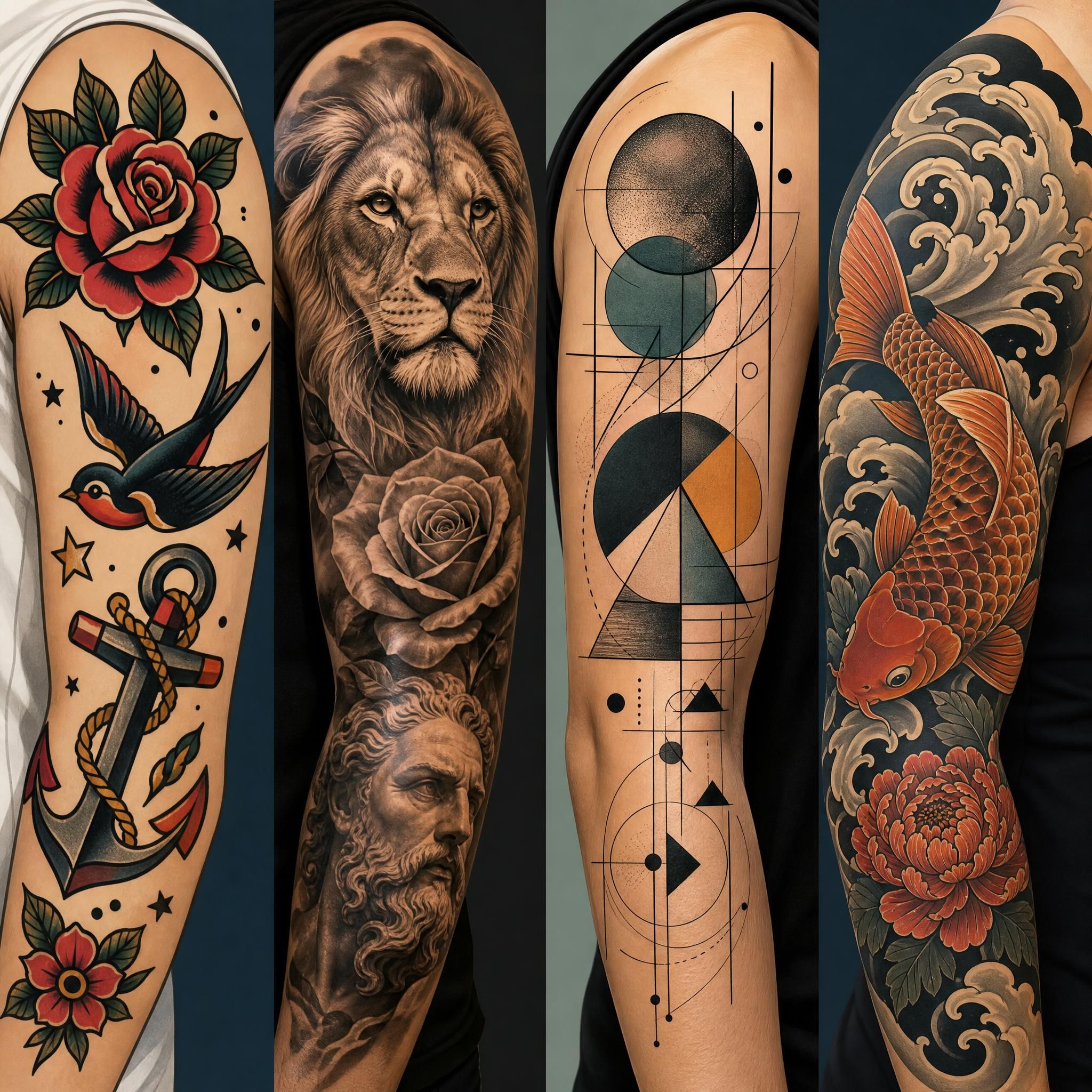 Illustration illustrative montrant différents styles de tatouage côte à côte - old school, réaliste, géométrique, japonais - style graphique coloré sans texte