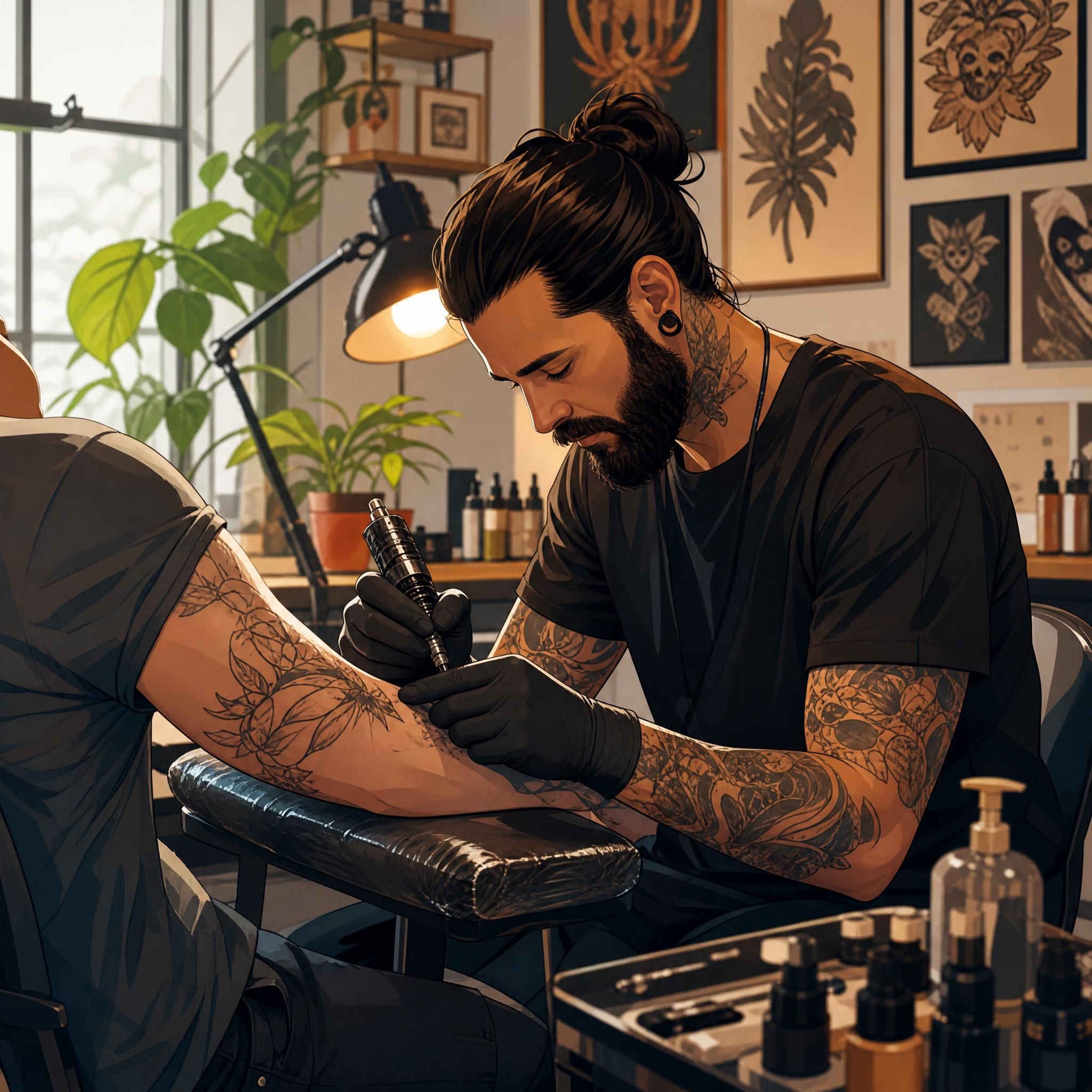 Illustration inspirante d'un artiste tatoueur au travail dans un studio moderne, ambiance chaleureuse et créative, style illustratif sans texte