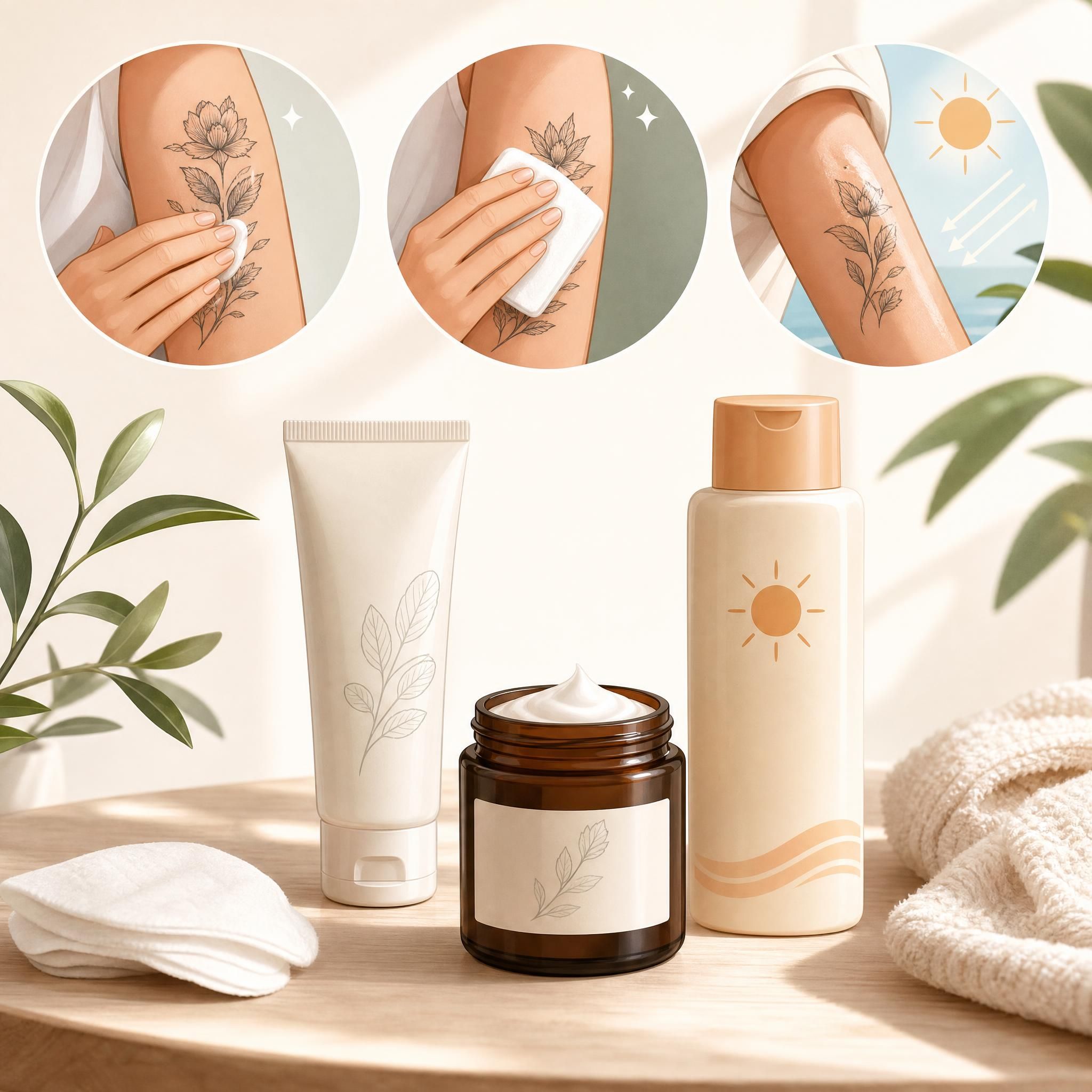 Illustration douce et apaisante montrant une routine de soin pour tatouage — flacon de crème, tissu en coton, protection solaire — dans un style illustratif sans texte