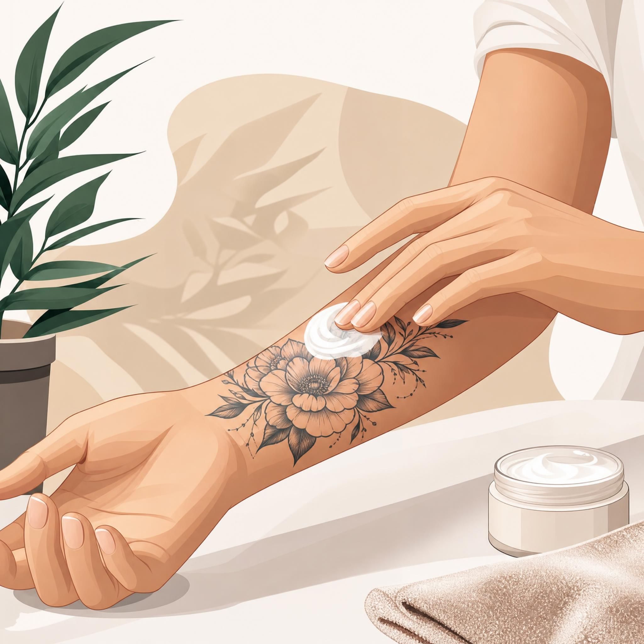 Illustration illustrative d'une main appliquant délicatement une crème hydratante sur un tatouage sur l'avant-bras, style graphique doux et illustratif sans texte