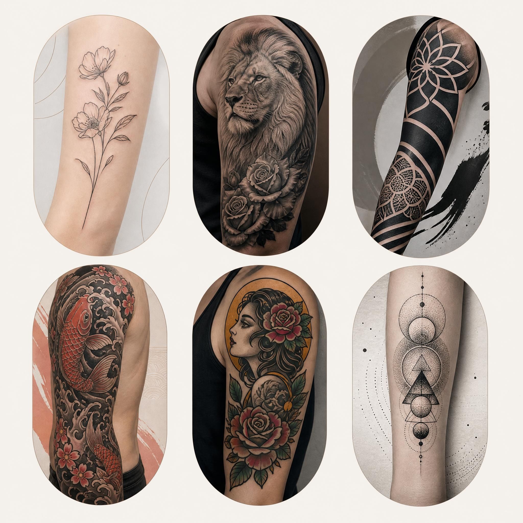 Illustration en style graphique montrant six vignettes représentant chacun un style de tatouage différent — fine line, réalisme, blackwork, japonais, néo-traditionnel, dotwork — sans texte