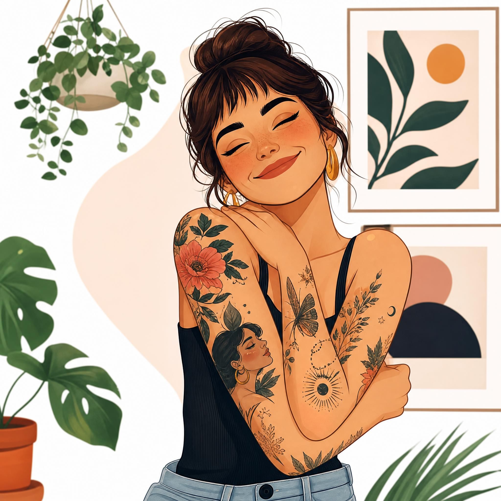 Illustration joyeuse montrant une personne avec plusieurs tatouages harmonieux sur les bras, dans un style illustratif moderne et coloré sans texte