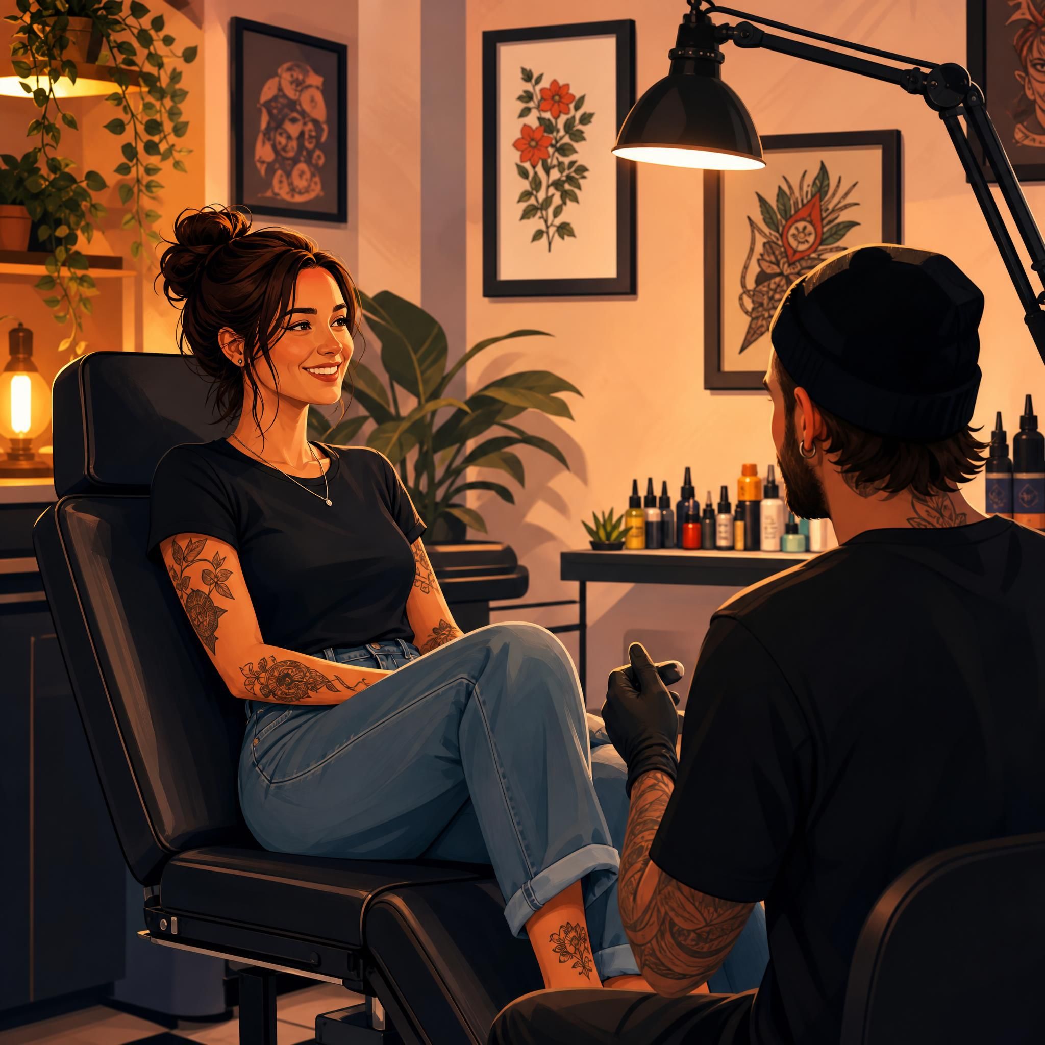 Illustration colorée et illustrative d'une personne assise dans un fauteuil de studio de tatouage, ambiance chaleureuse et accueillante, style graphique sans texte