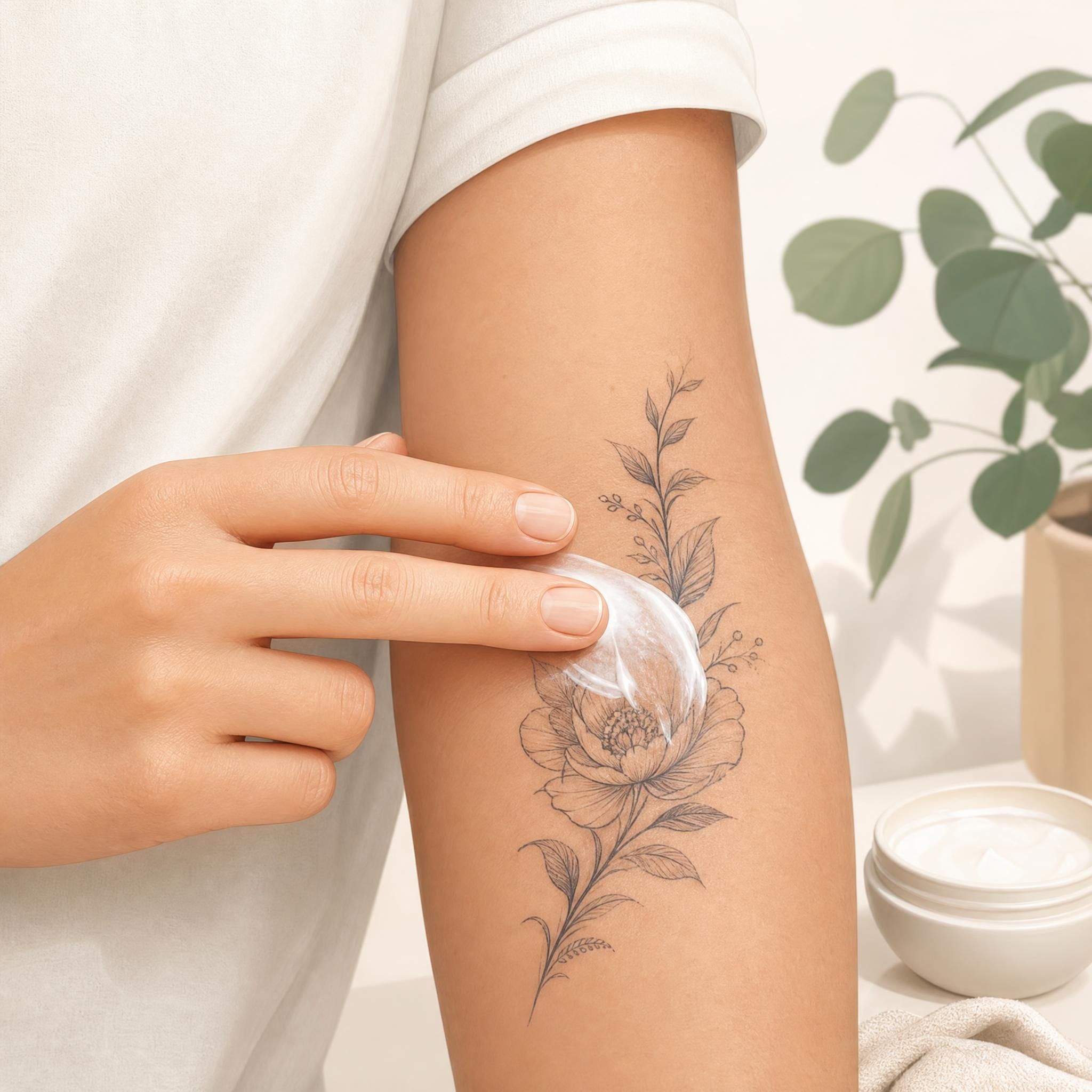 Illustration d'une main appliquant délicatement une crème sur un tatouage en cours de cicatrisation, style illustratif doux et rassurant sans texte