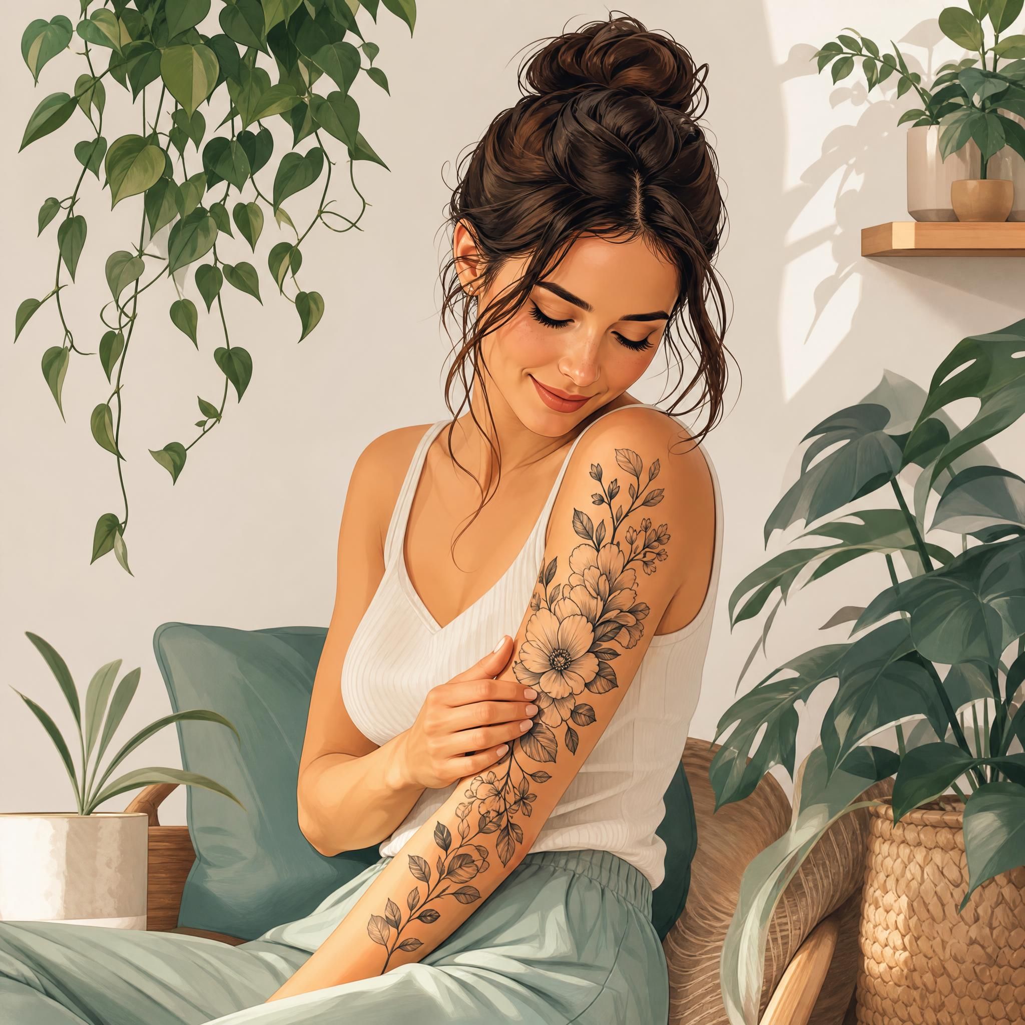 Illustration apaisante d'une femme sereine regardant son tatouage floral sur le bras, entourée de plantes, style illustratif doux sans texte