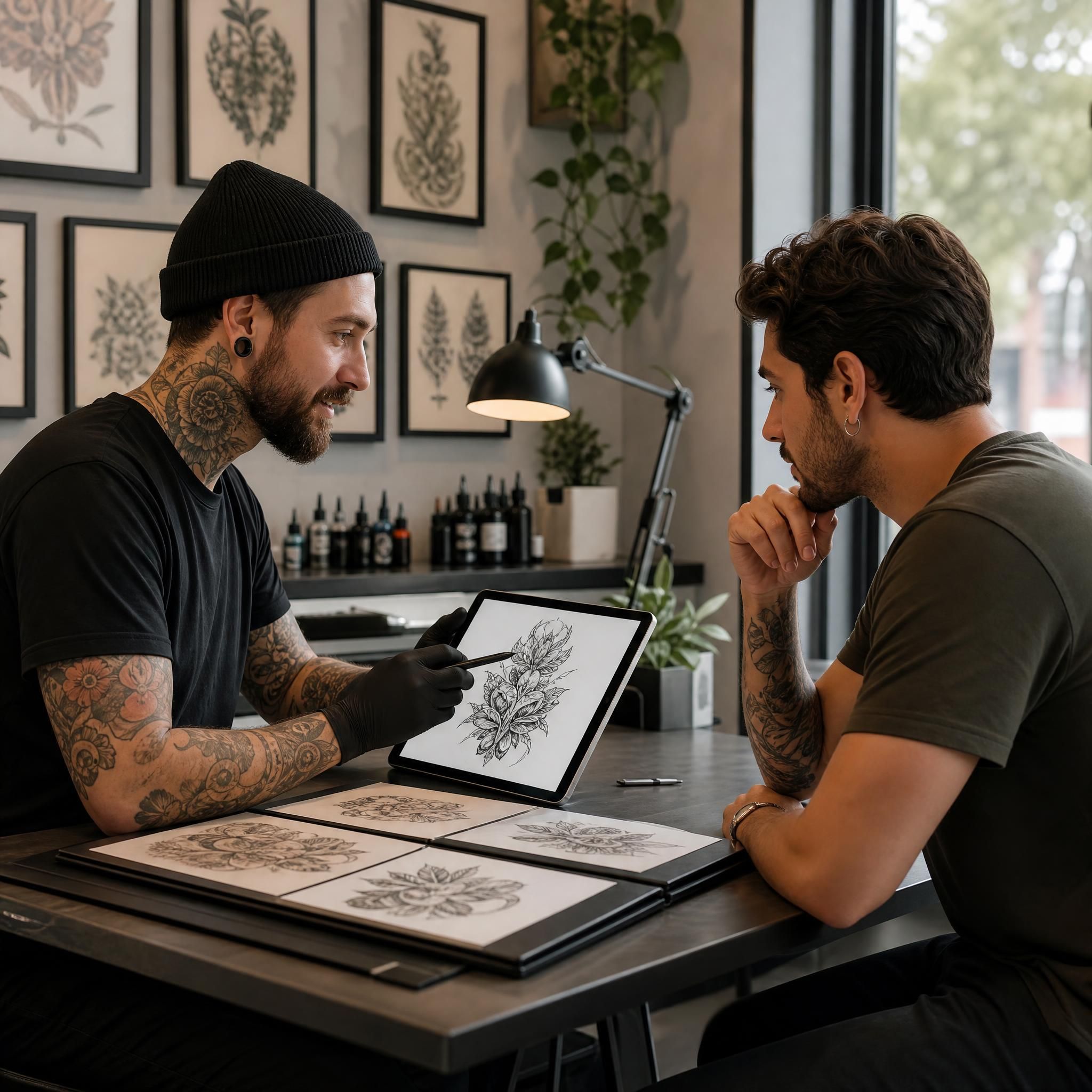 Illustration illustrative d'un tatoueur et d'un client en consultation, dans une atmosphère bienveillante et professionnelle, sans texte