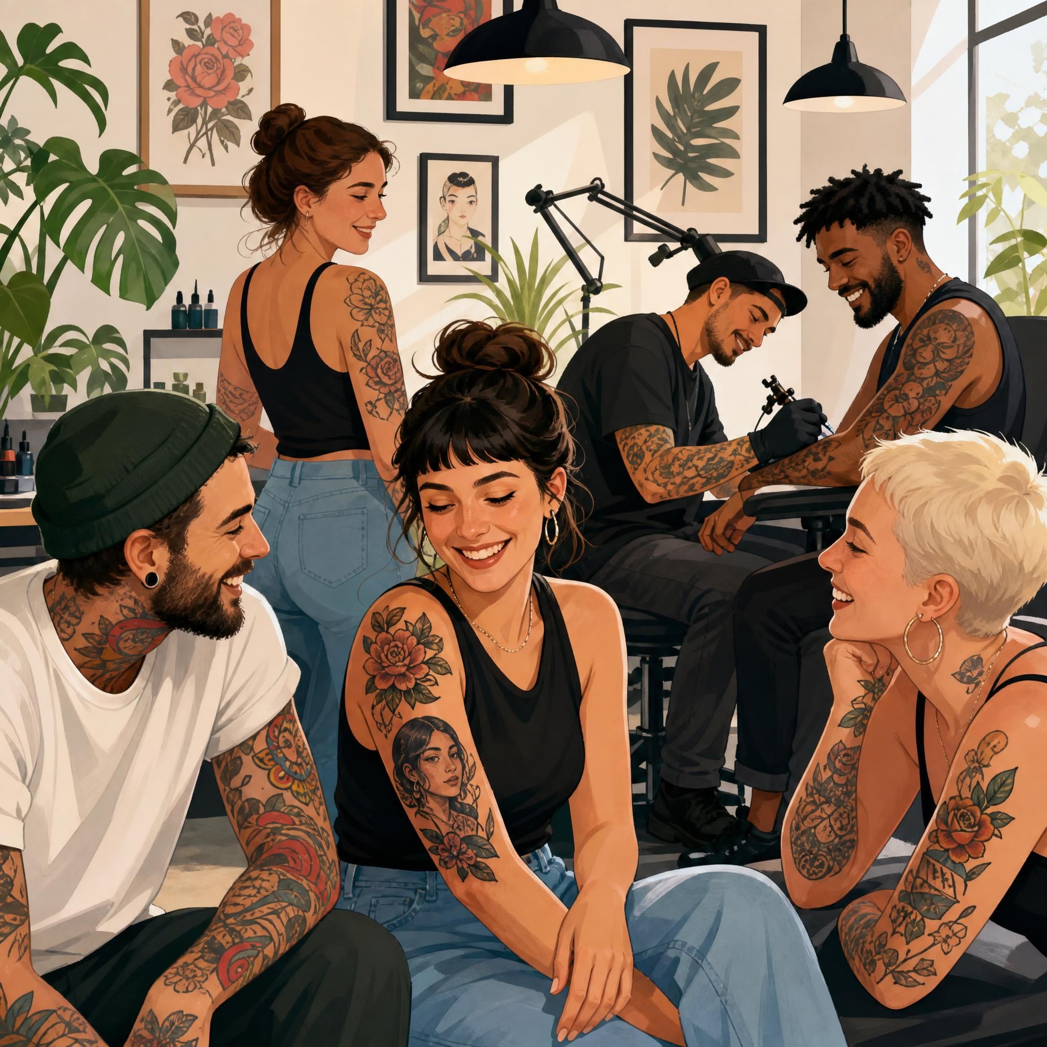 Illustration colorée et bienveillante montrant plusieurs personnes heureuses avec leurs tatouages dans un studio moderne, style illustratif sans texte